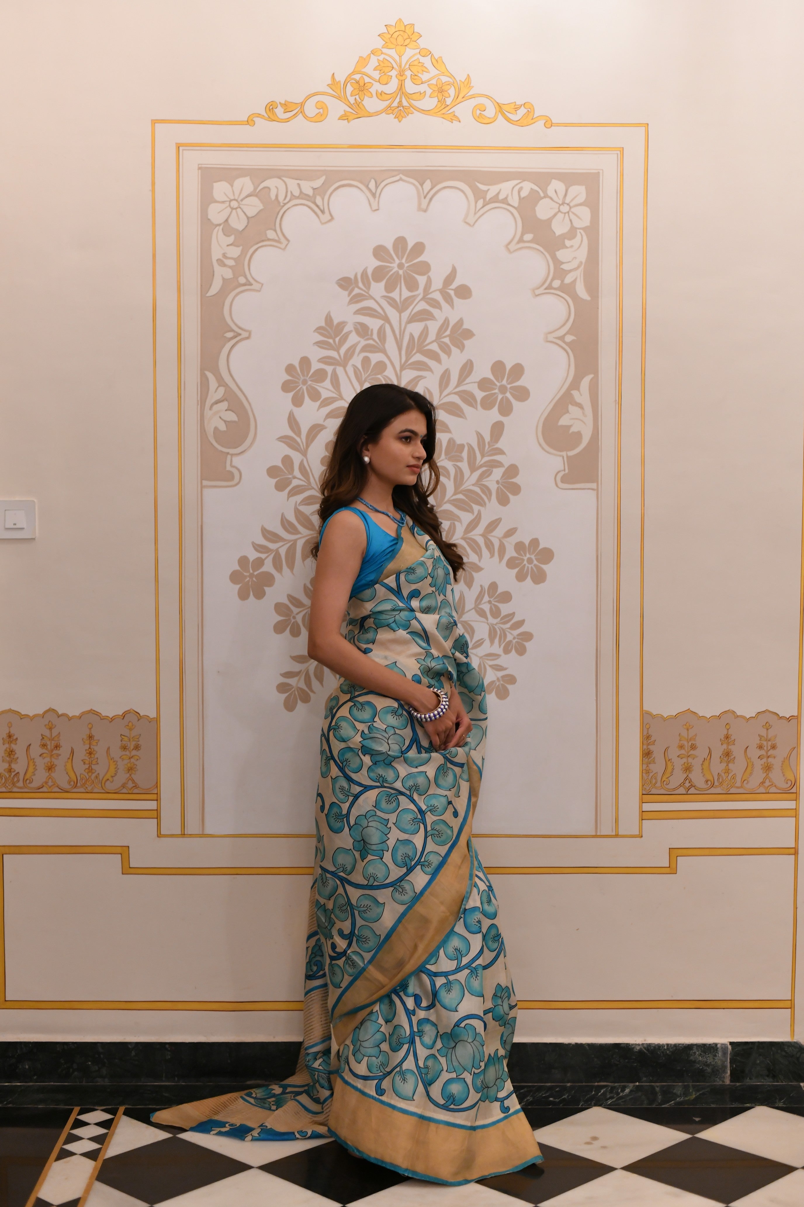 Beige Jari Tussar Saree with Floral Kalamkari Hand Painted and Zari Border | SILK MARK CERTIFIED | Shobitam