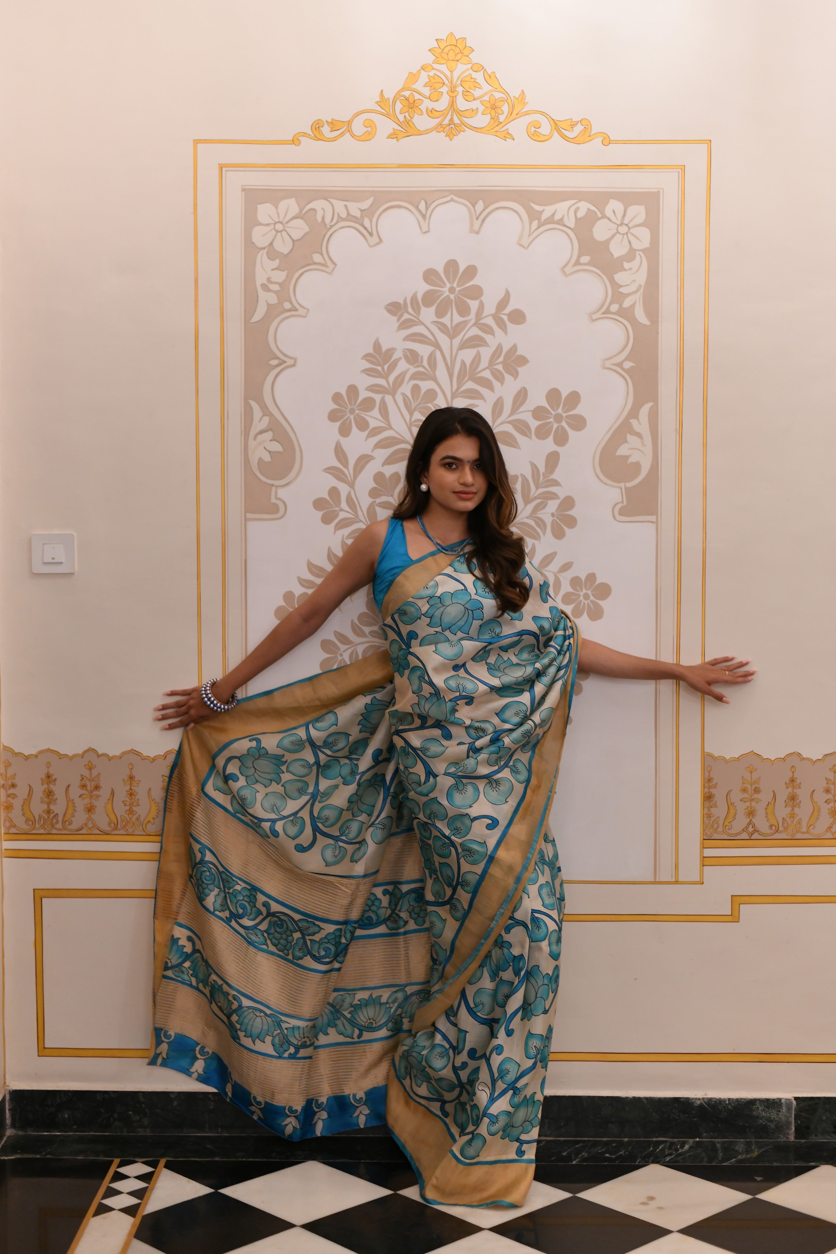 Beige Jari Tussar Saree with Floral Kalamkari Hand Painted and Zari Border | SILK MARK CERTIFIED | Shobitam