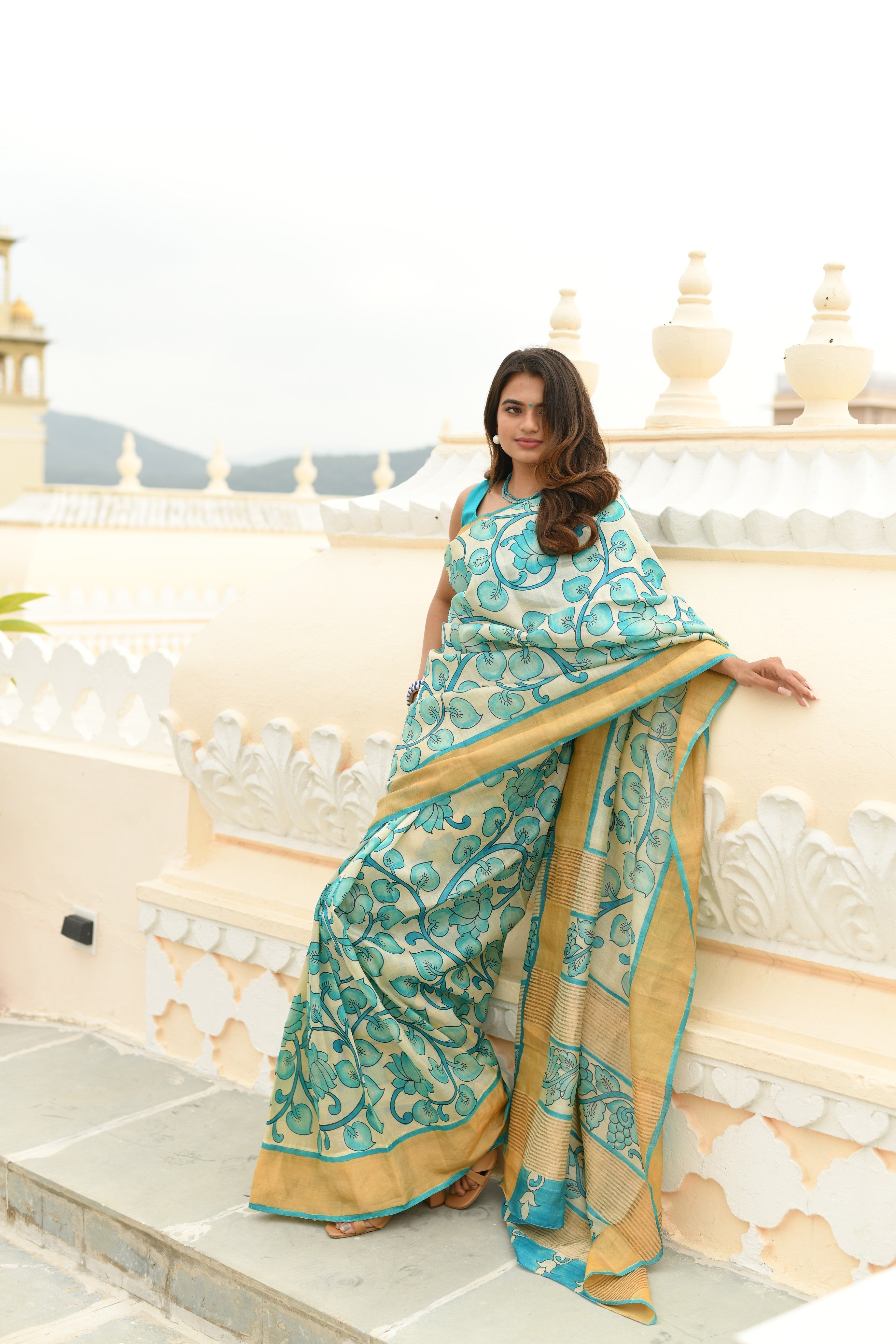 Beige Jari Tussar Saree with Floral Kalamkari Hand Painted and Zari Border | SILK MARK CERTIFIED | Shobitam