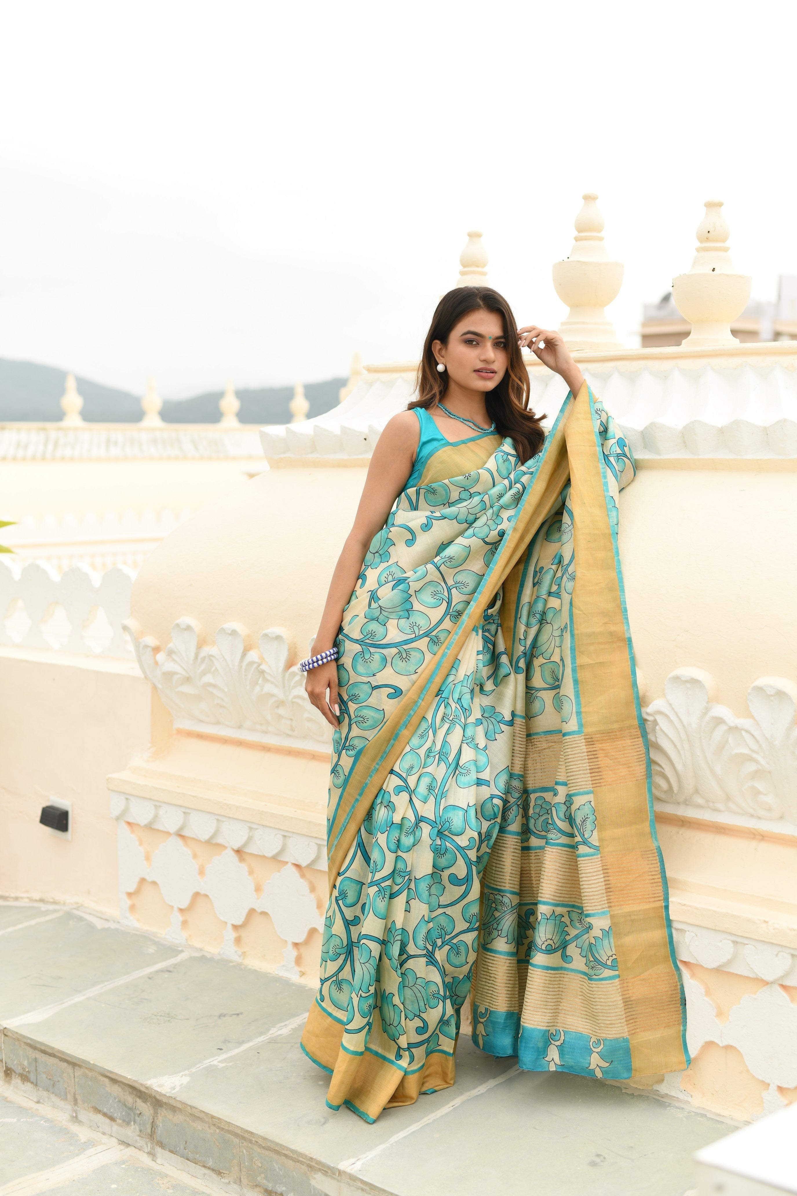 Beige Jari Tussar Saree with Floral Kalamkari Hand Painted and Zari Border | SILK MARK CERTIFIED | Shobitam