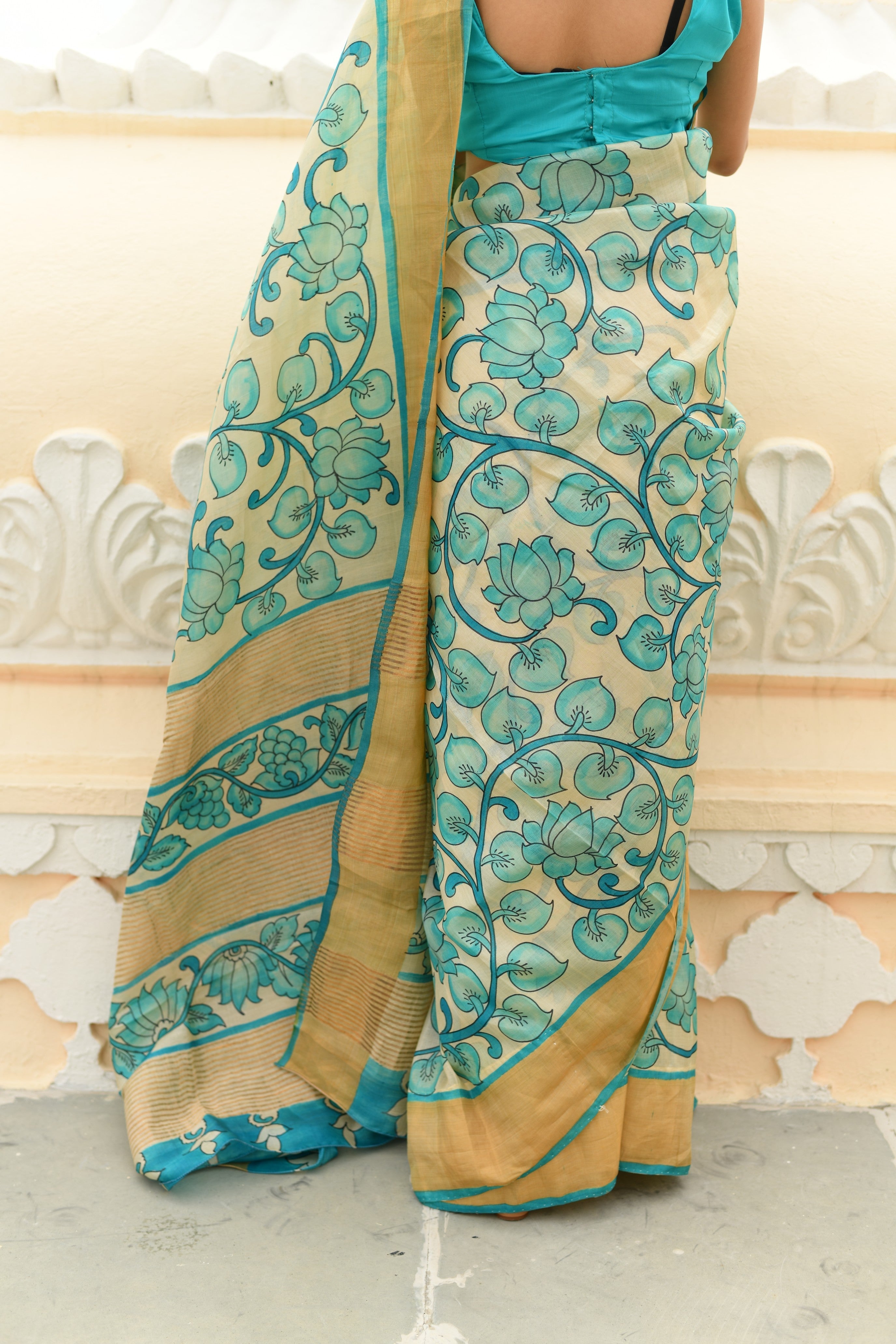 Beige Jari Tussar Saree with Floral Kalamkari Hand Painted and Zari Border | SILK MARK CERTIFIED | Shobitam