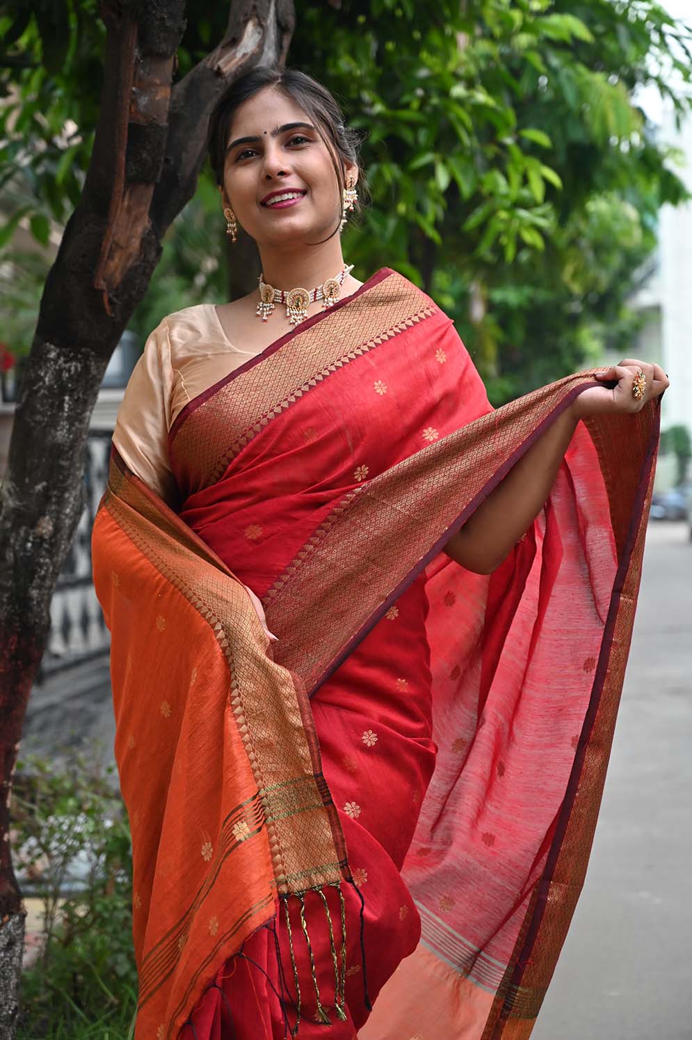 Ready To Wear Red Bhagalpuri Silk With woven zari and Mustard ornate pallu with Tassels one minute saree - Isadora Life