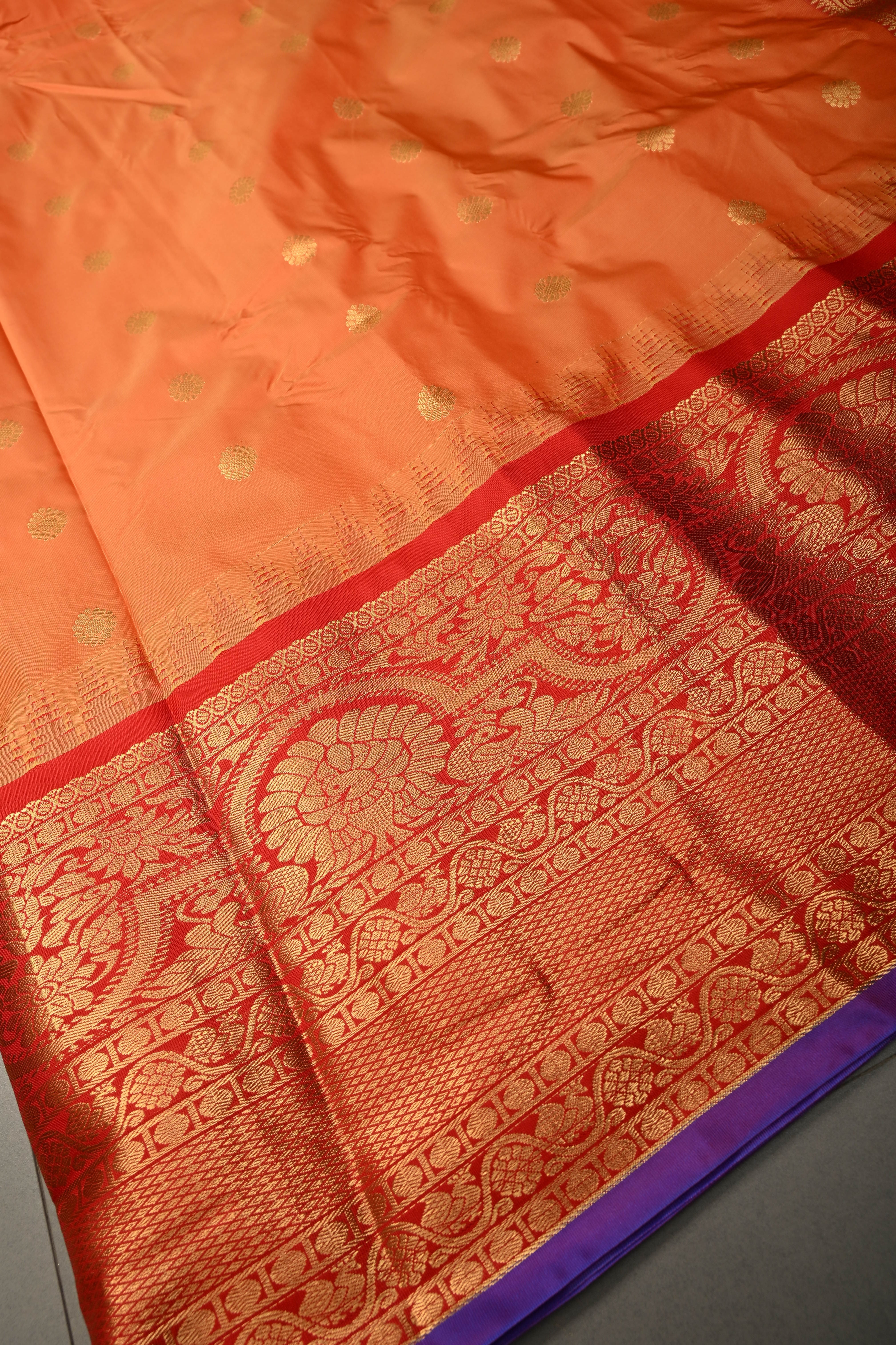 Orange Semi Gadwal Silk Saree with Floral Zari Buttas and Contrast Zari Border | Shobitam