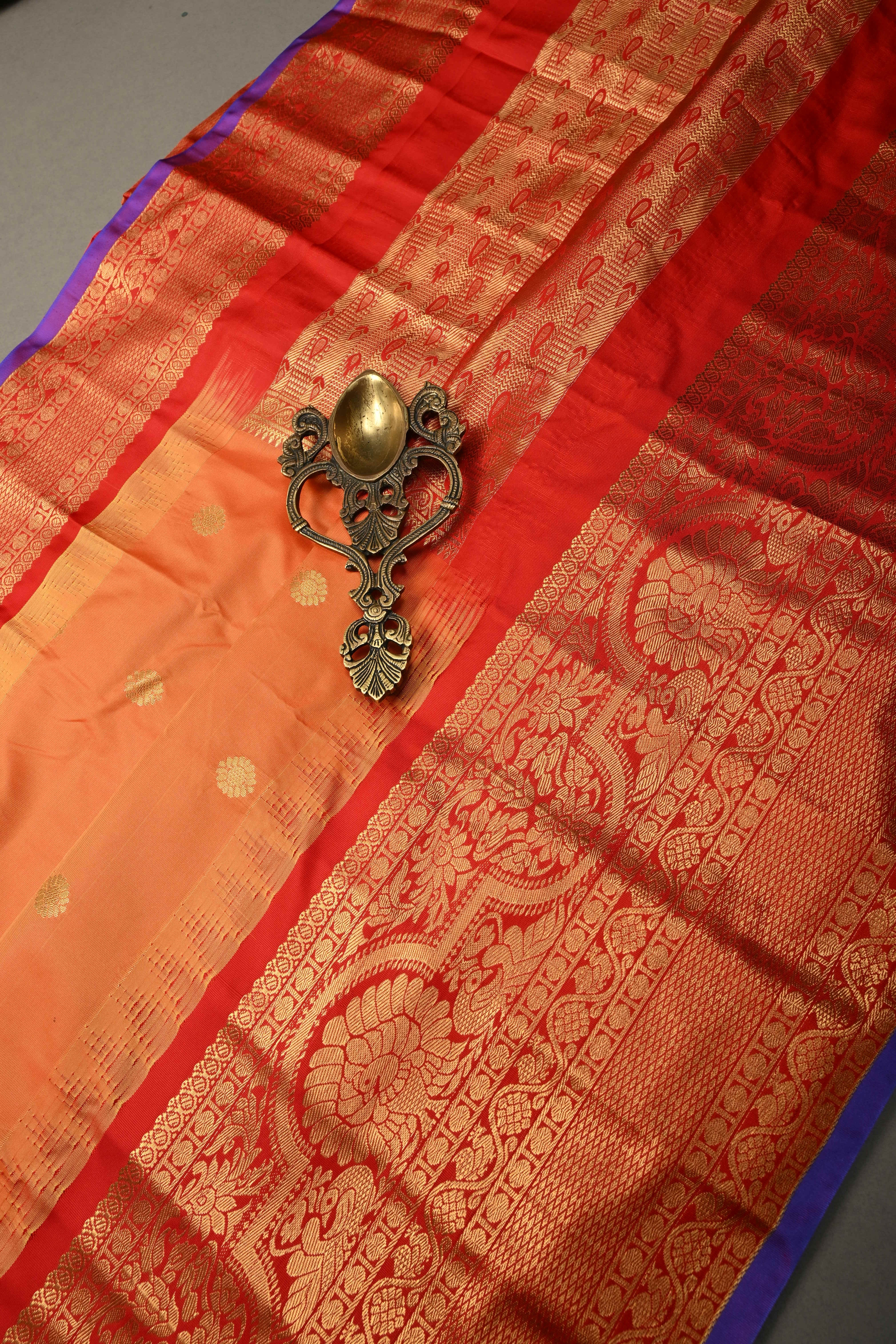 Orange Semi Gadwal Silk Saree with Floral Zari Buttas and Contrast Zari Border | Shobitam