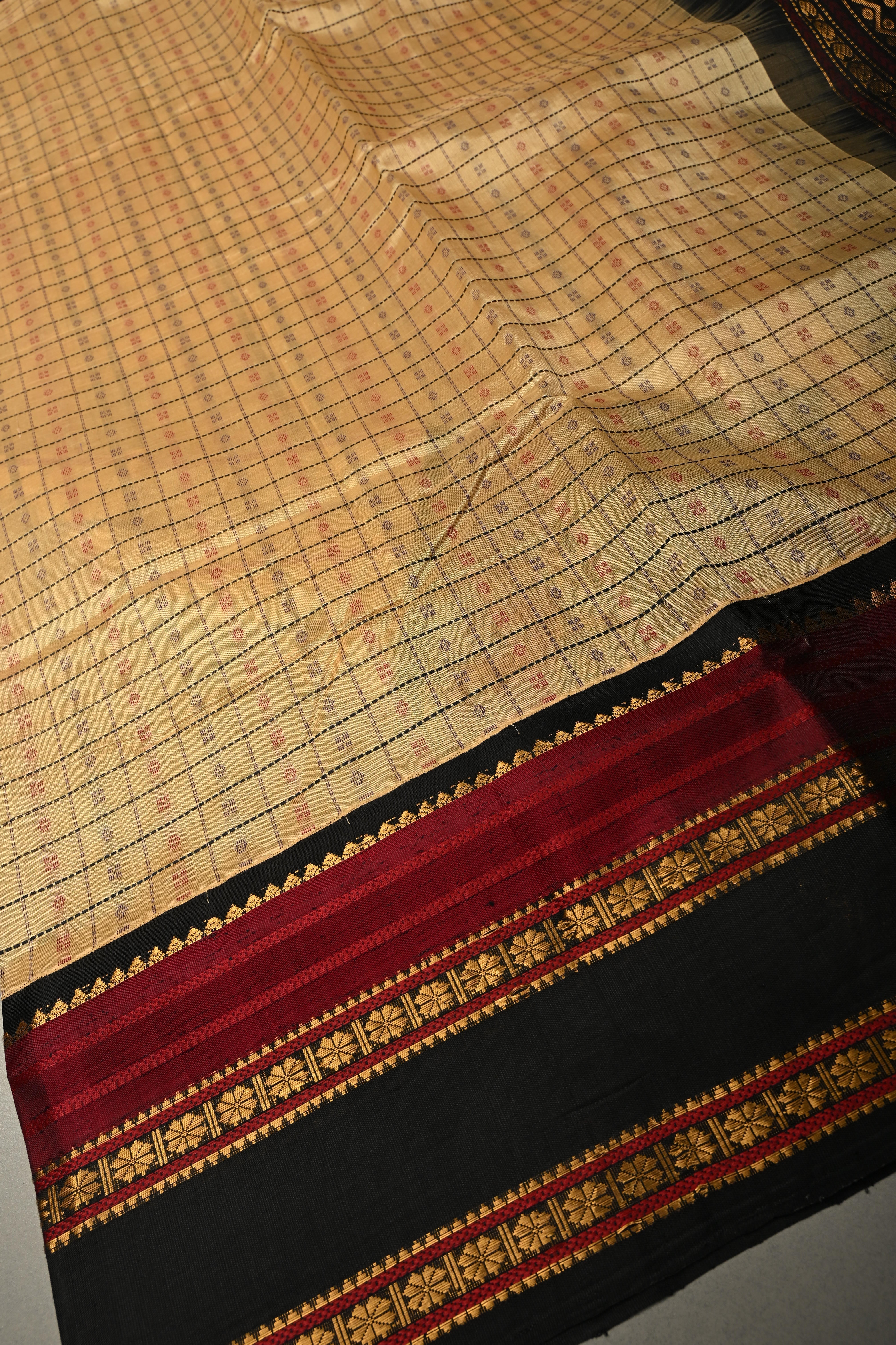 Beige Korvai Checks Design On Kanchi Silk Cotton Handloom Saree with Resham Buttas and Contrast Zari Border | Shobitam