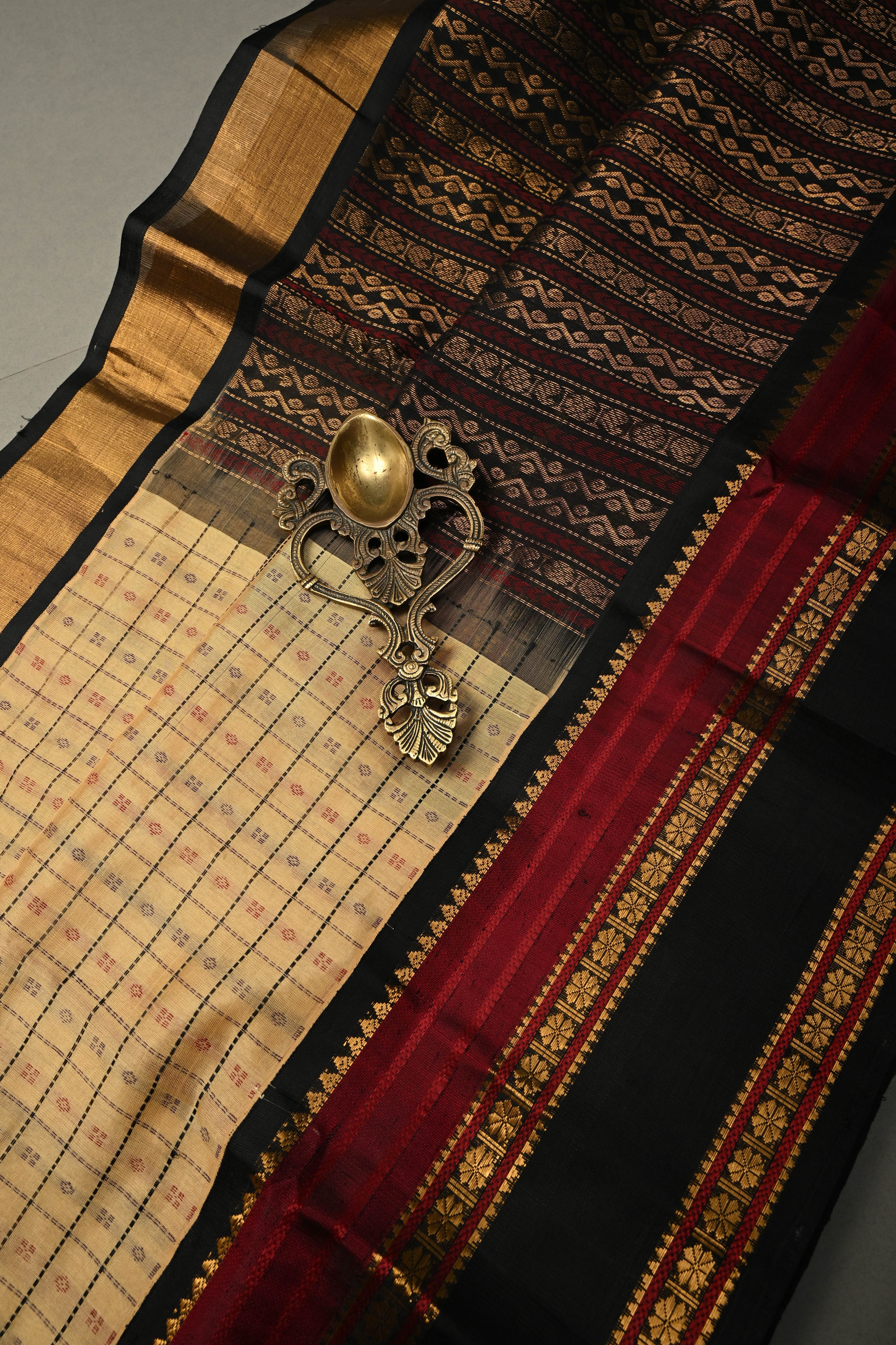 Beige Korvai Checks Design On Kanchi Silk Cotton Handloom Saree with Resham Buttas and Contrast Zari Border | Shobitam