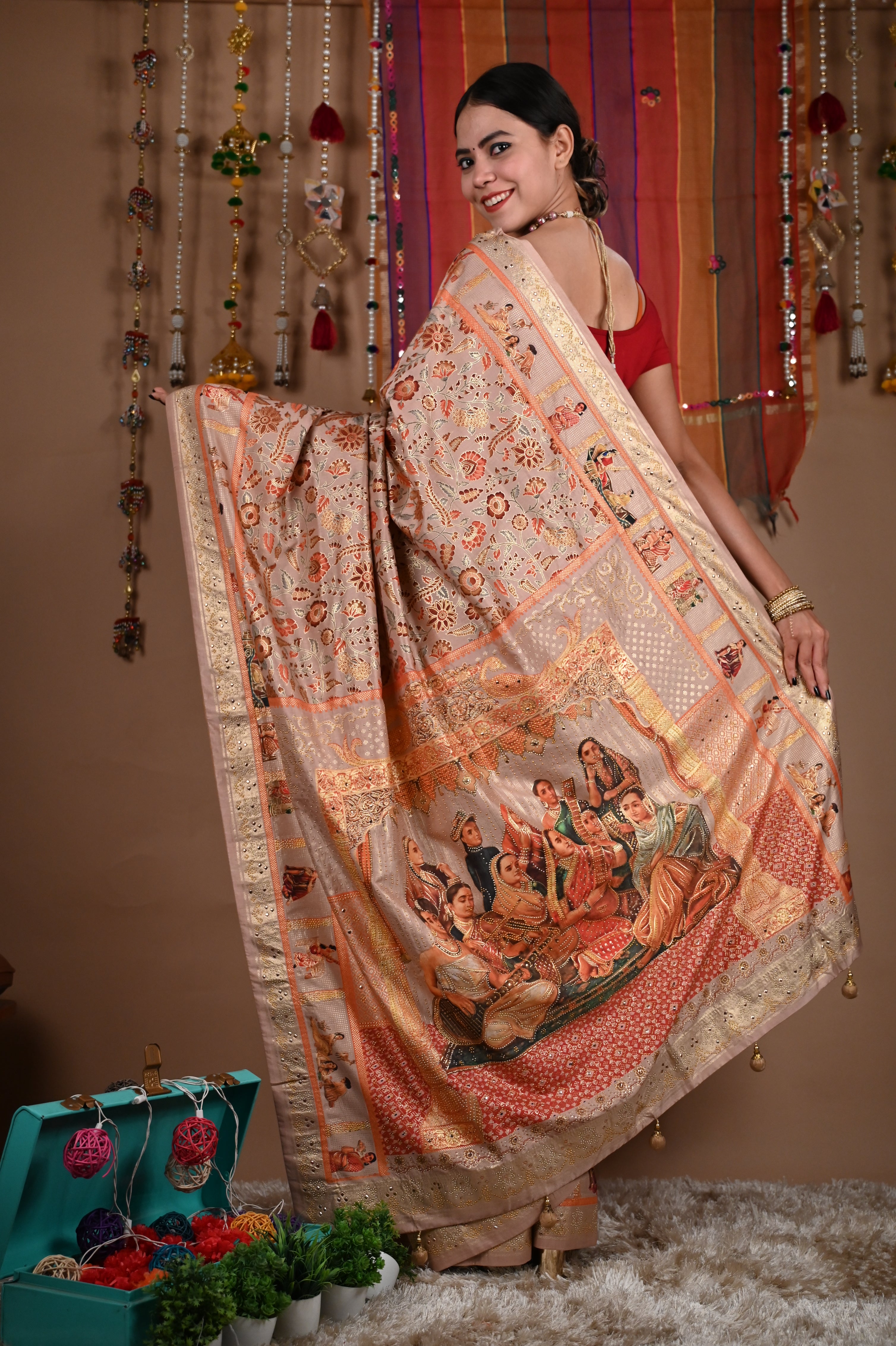 Ready To Wear Beautiful Detailed Ornate pallu with Madhubani Artwork Print And Stone bordered  Wrap in 1 minute saree - Isadora Life