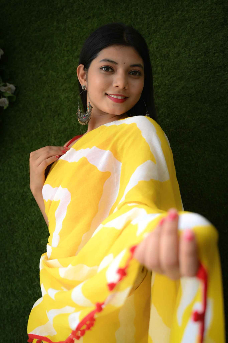 YELLOW AND WHITE COTTON MUL MUL PRINTED SAREE WITH POMPOM - Isadora Life