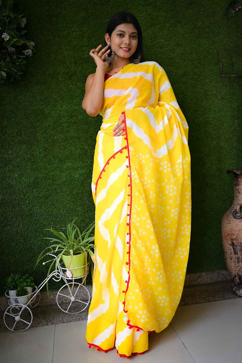YELLOW AND WHITE COTTON MUL MUL PRINTED SAREE WITH POMPOM - Isadora Life