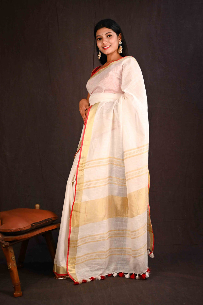 Off white bhagalpuri line with zari & red tiny border wrap in 1 minute saree - Isadora Life