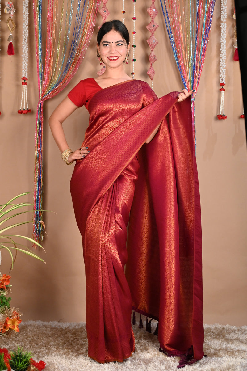 Ready To Wear Sophisticated Wedding Kanjeevaram Red Dhoop Chaanv Wrap in 1 minute saree - Isadora Life