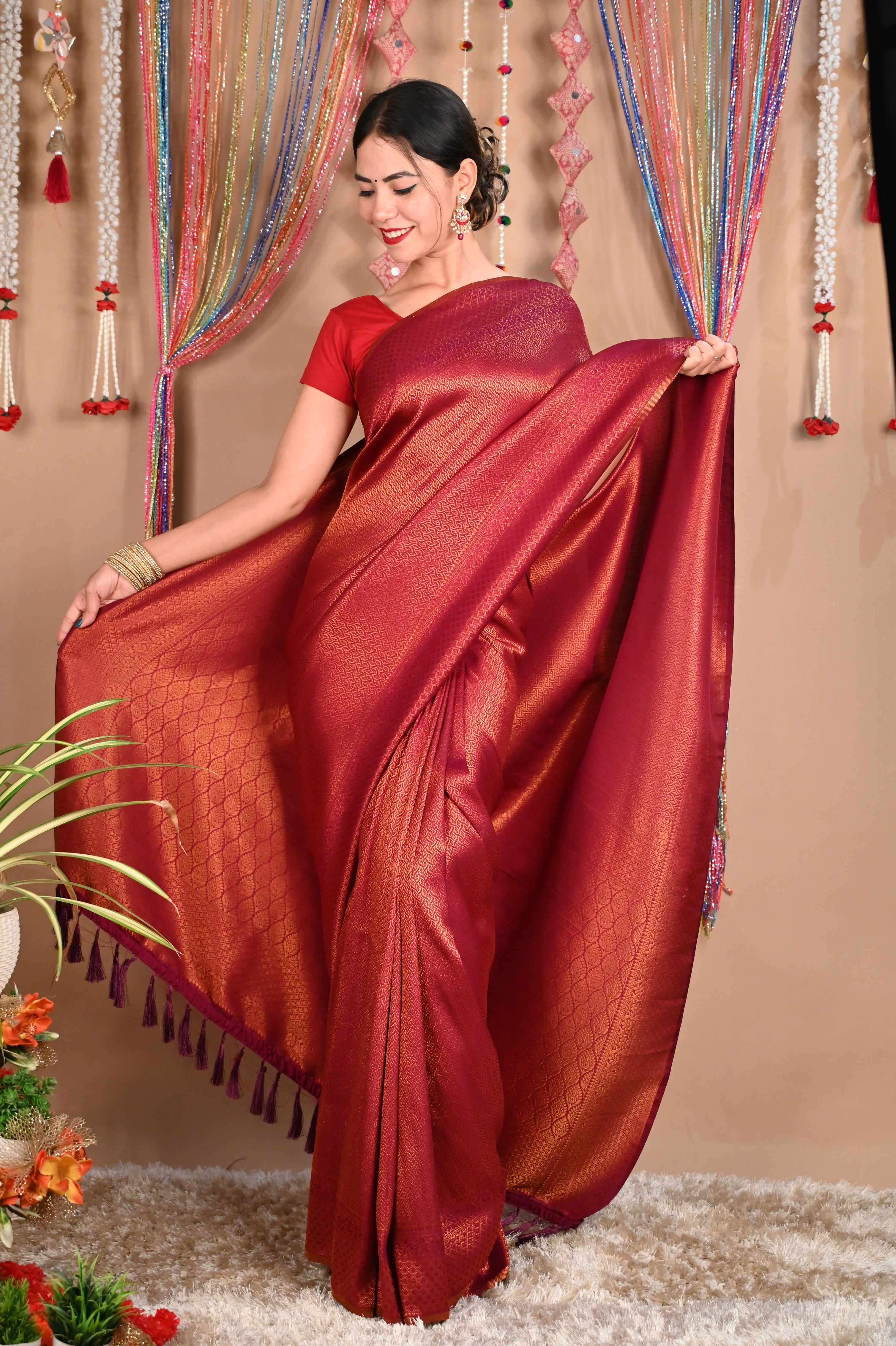 Ready To Wear Sophisticated Wedding Kanjeevaram Red Dhoop Chaanv Wrap in 1 minute saree - Isadora Life