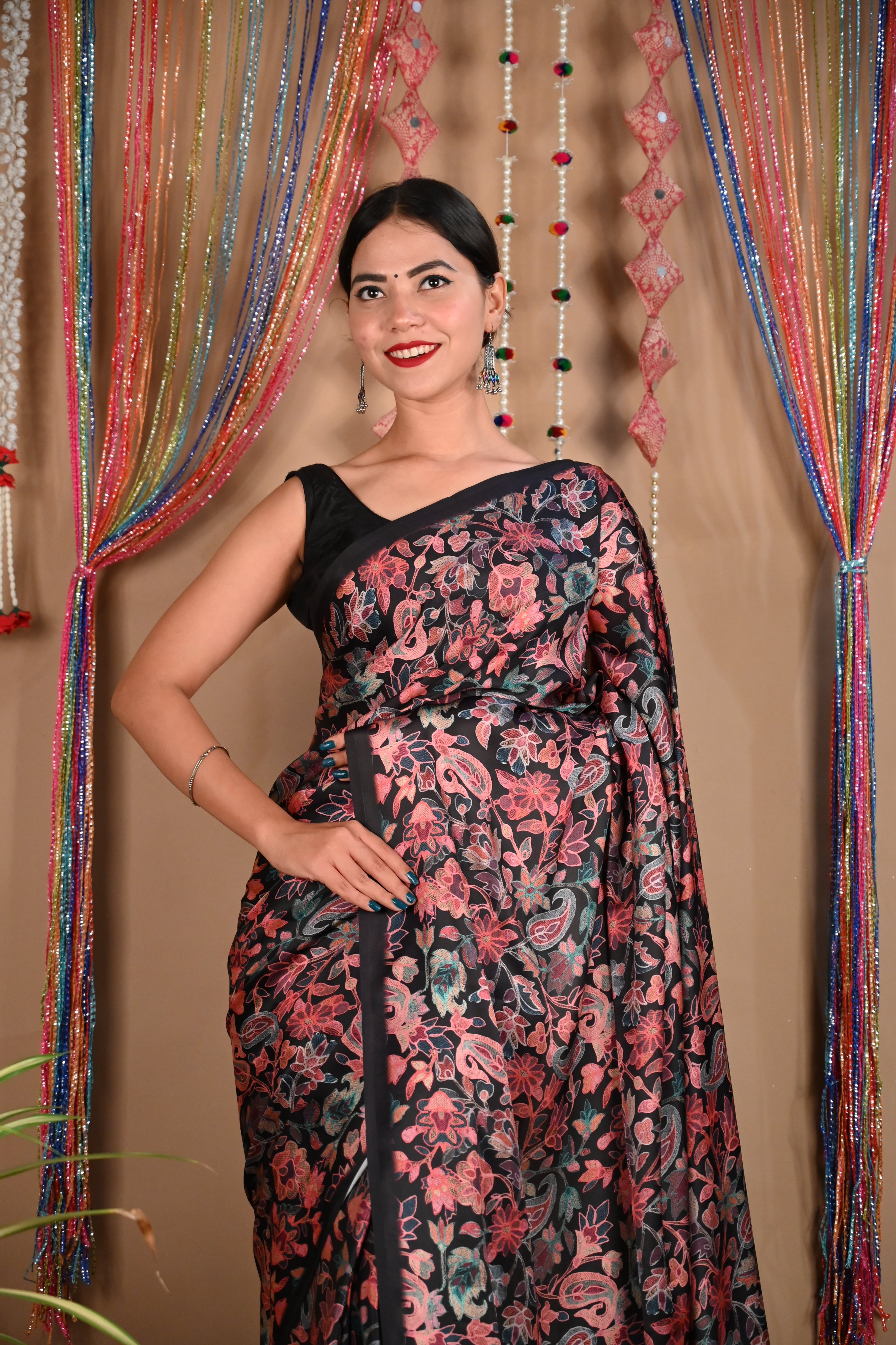 Ready To Wear Black & Pink Floral Printed Satin Wrap In One Minute Saree - Isadora Life