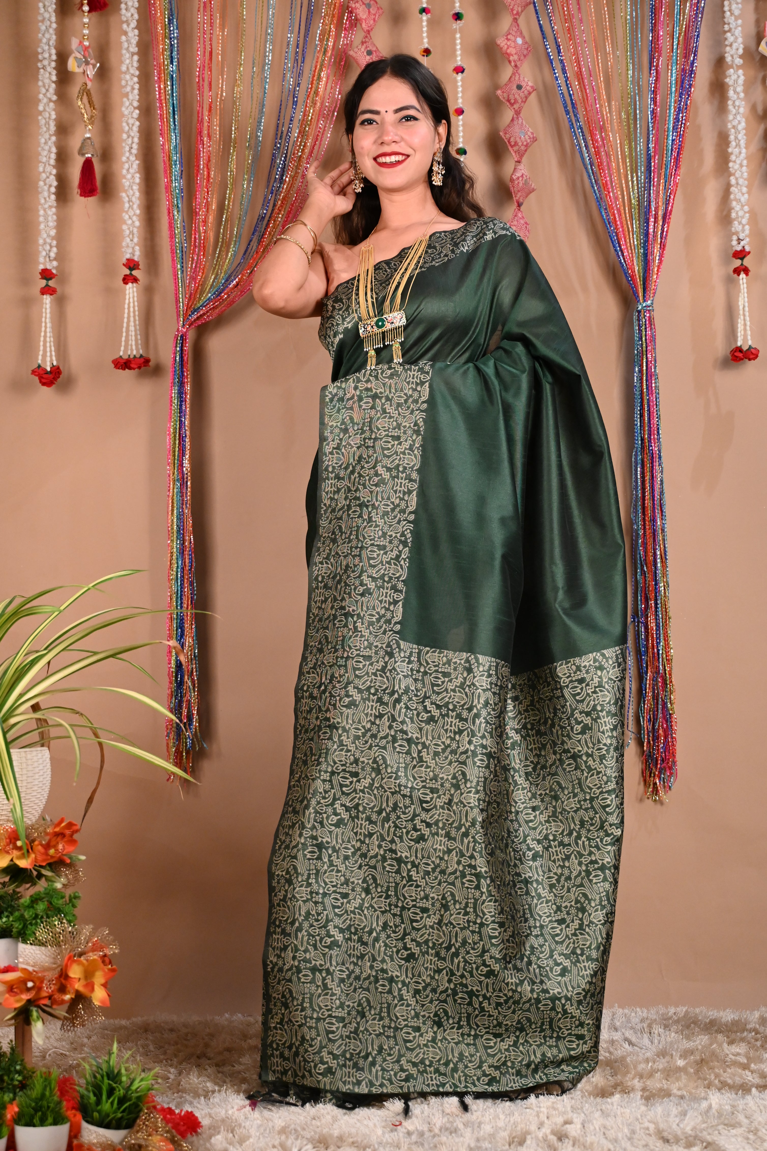 Ready To Wear Handloom Silk With Printed Border & Palla With Tassels  Wrap in 1 minute saree - Isadora Life