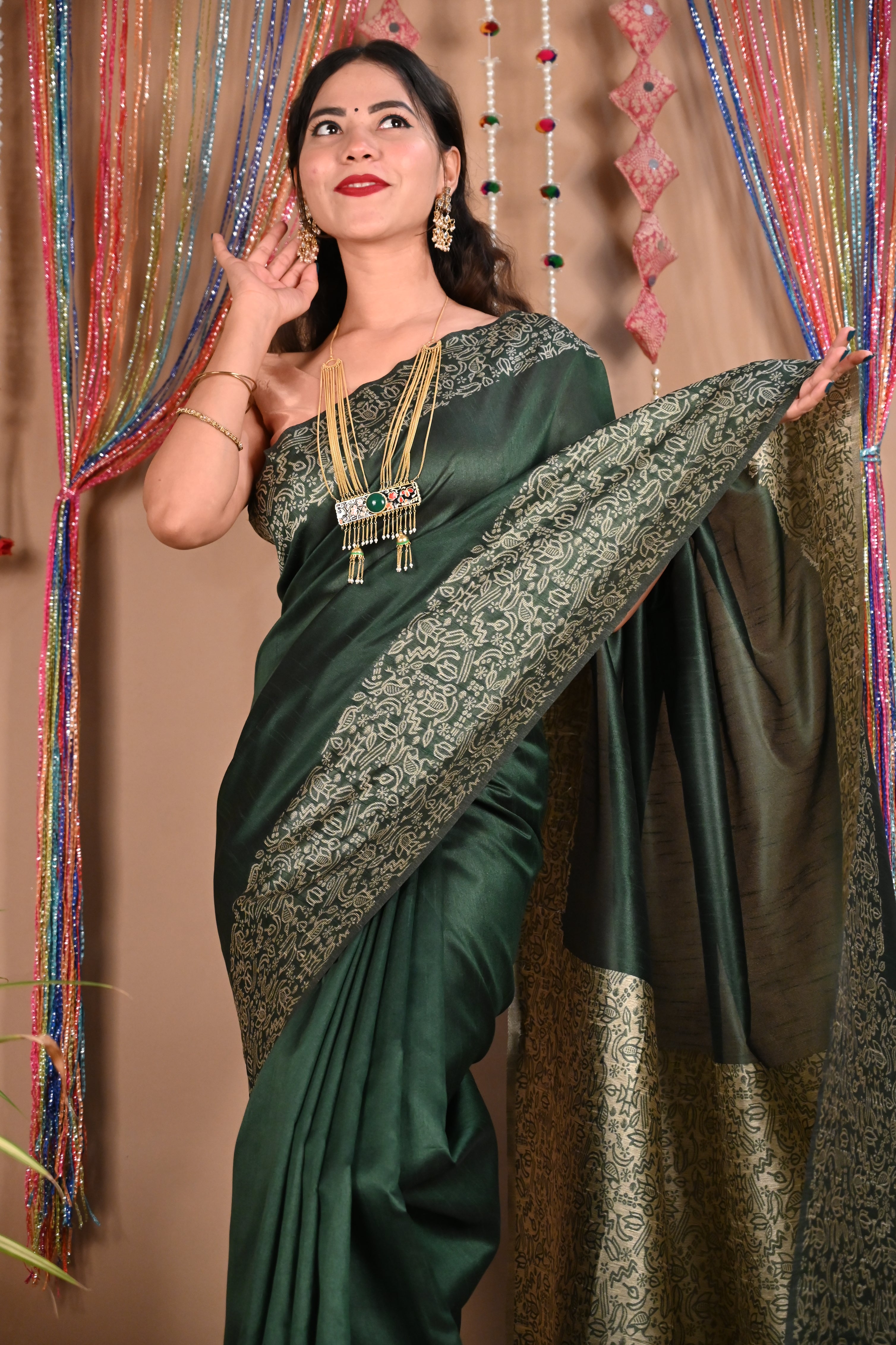 Ready To Wear Handloom Silk With Printed Border & Palla With Tassels  Wrap in 1 minute saree - Isadora Life