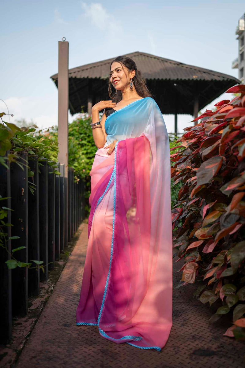 Ready To Wear Alia Bhatt Inspired Rocky Rani Saree With Lace Wrap in 1 minute saree - Isadora Life