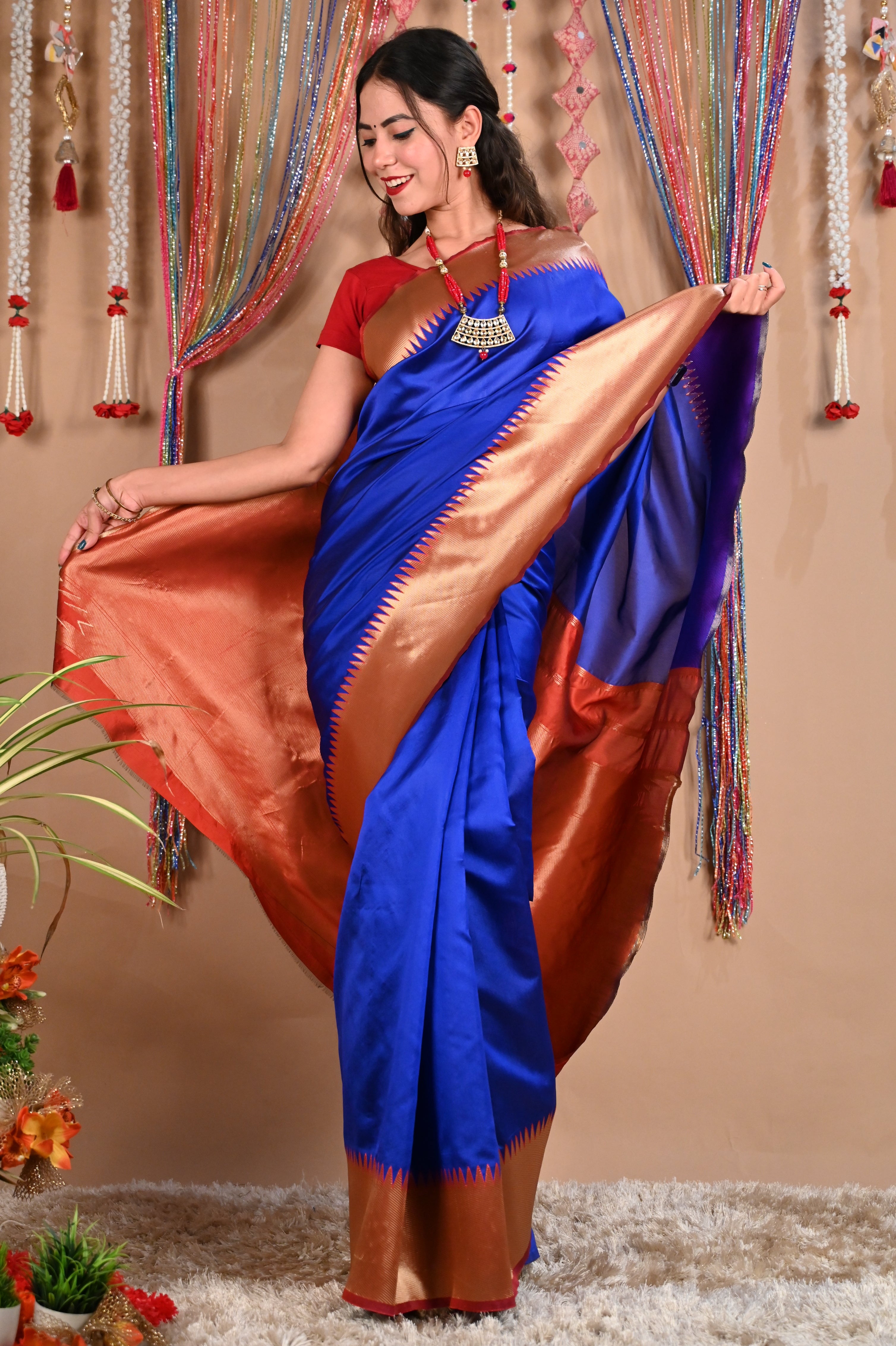 Ready To Wear Kanjivaram  Lichi Silk With Jacquard Design Temple Border With Ornate Pallu Warp In One Minute Saree - Isadora Life