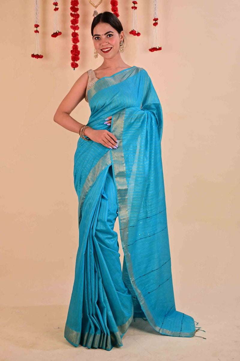 Ready To Wear Elegant Firozi bhagalpuri cotton silk with sequinned pallu Wrap in 1 minute Saree - Isadora Life