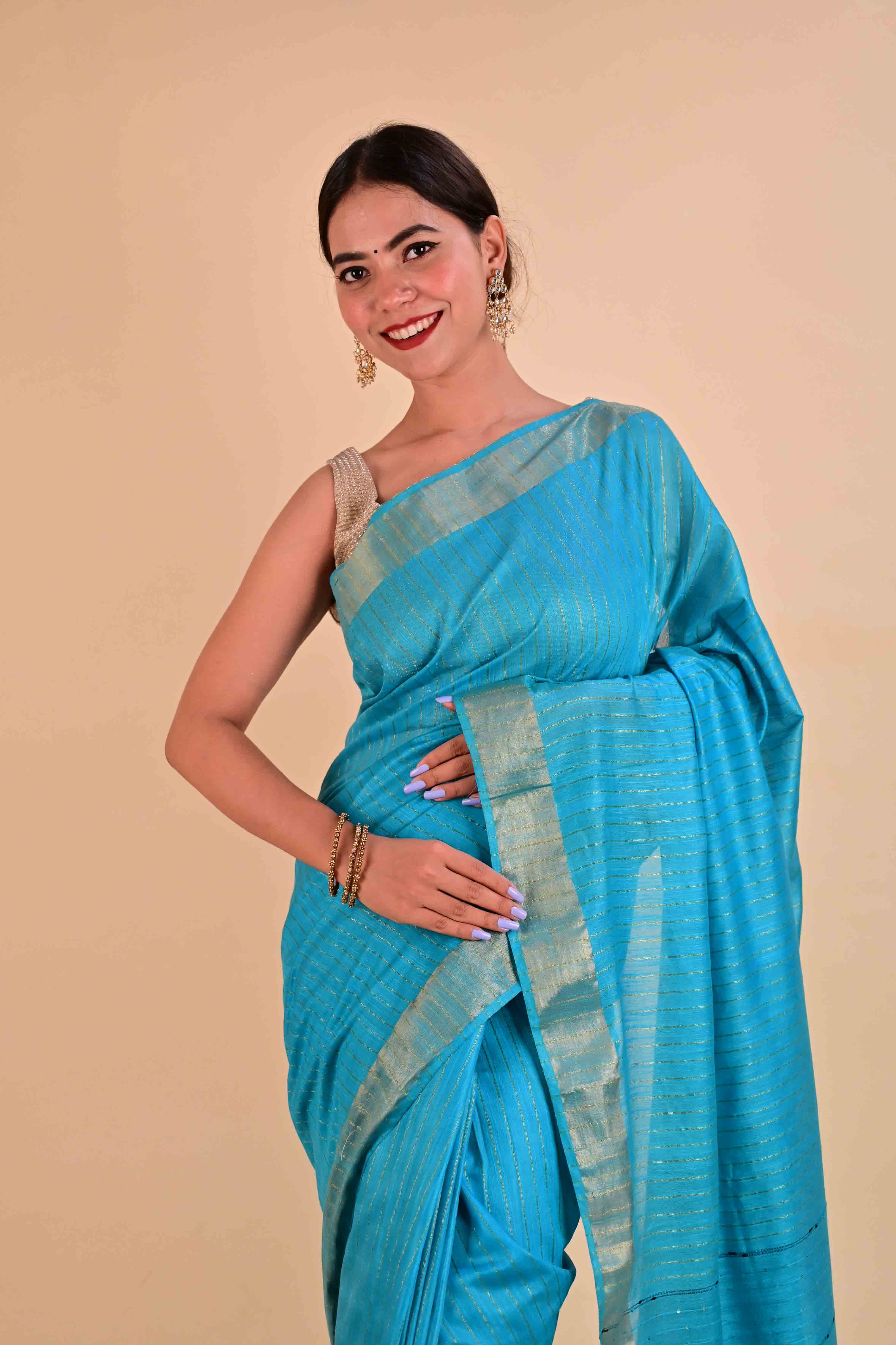 Ready To Wear Elegant Firozi bhagalpuri cotton silk with sequinned pallu Wrap in 1 minute Saree - Isadora Life