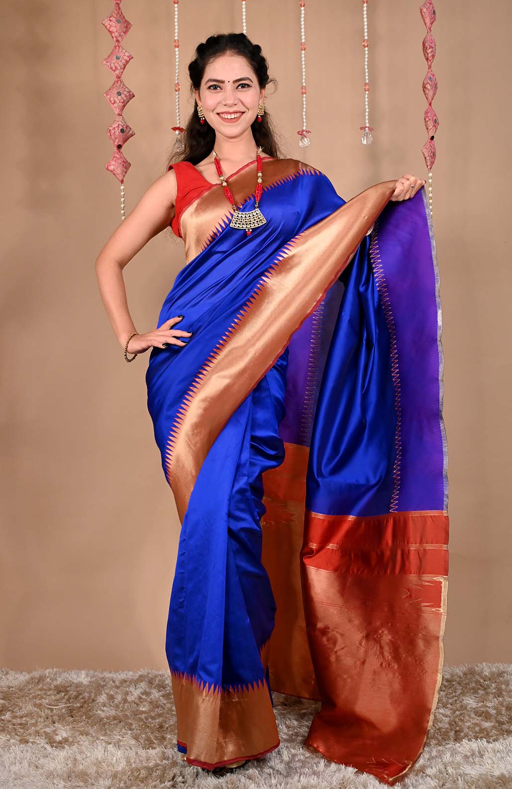 Ready To Wear Kanjivaram Lichi Silk mix with Raw Silk With Temple Border With Ornate Pallu Warp In One Minute Saree