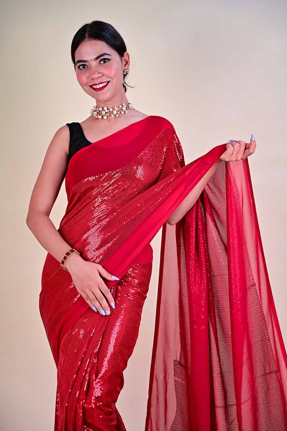 Red sequin georgette wrap in 1 minute saree - Isadora Life