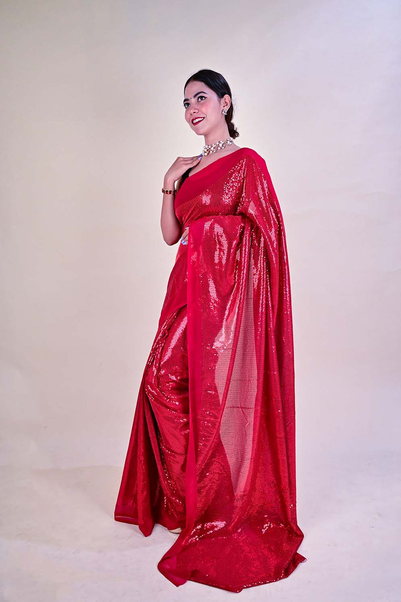 Red sequin georgette wrap in 1 minute saree - Isadora Life