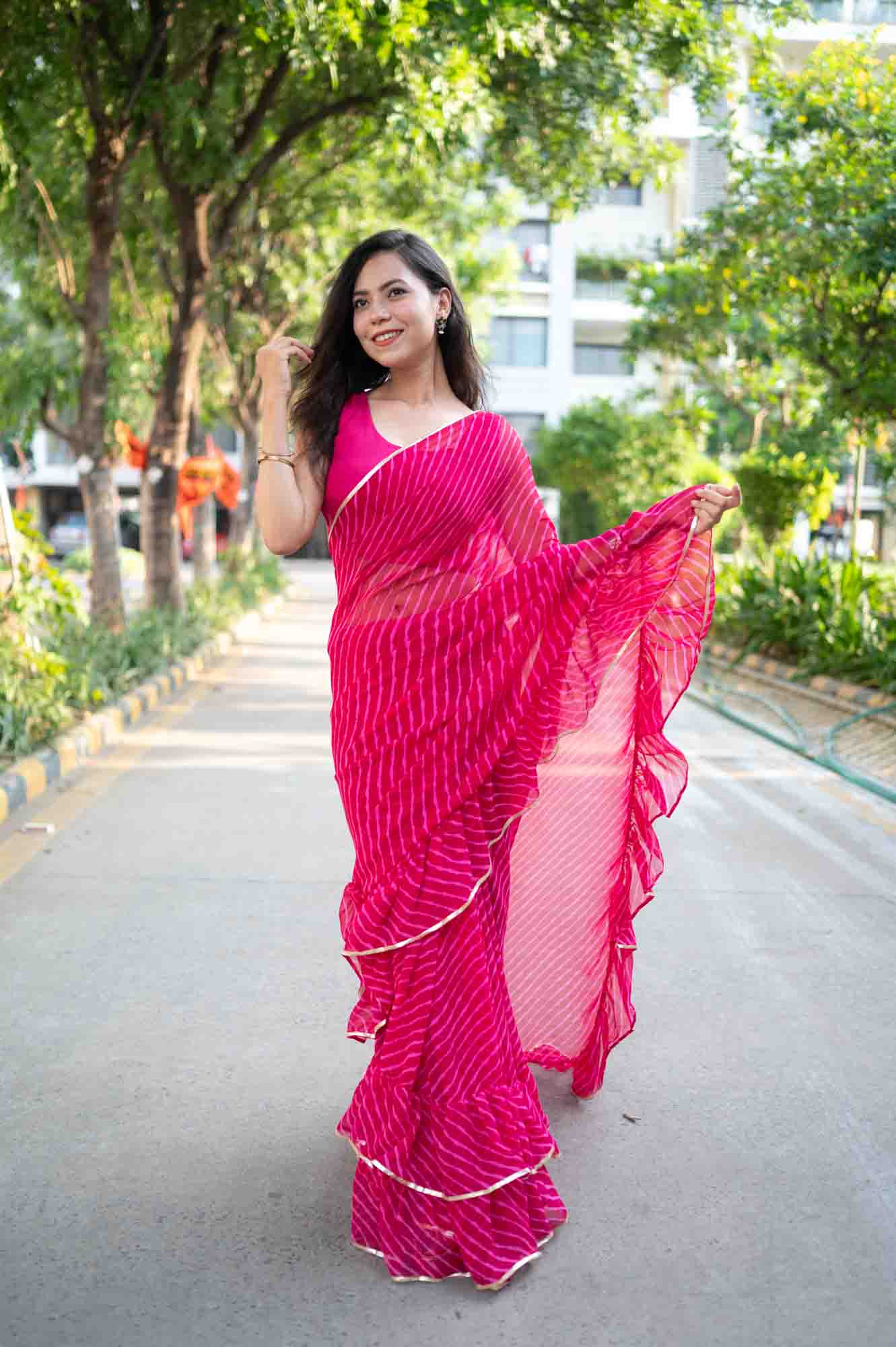 Ready to wear saree Designer Ruffles with lehriya & Gotta Patti On Border Wrap in 1 minute Saree