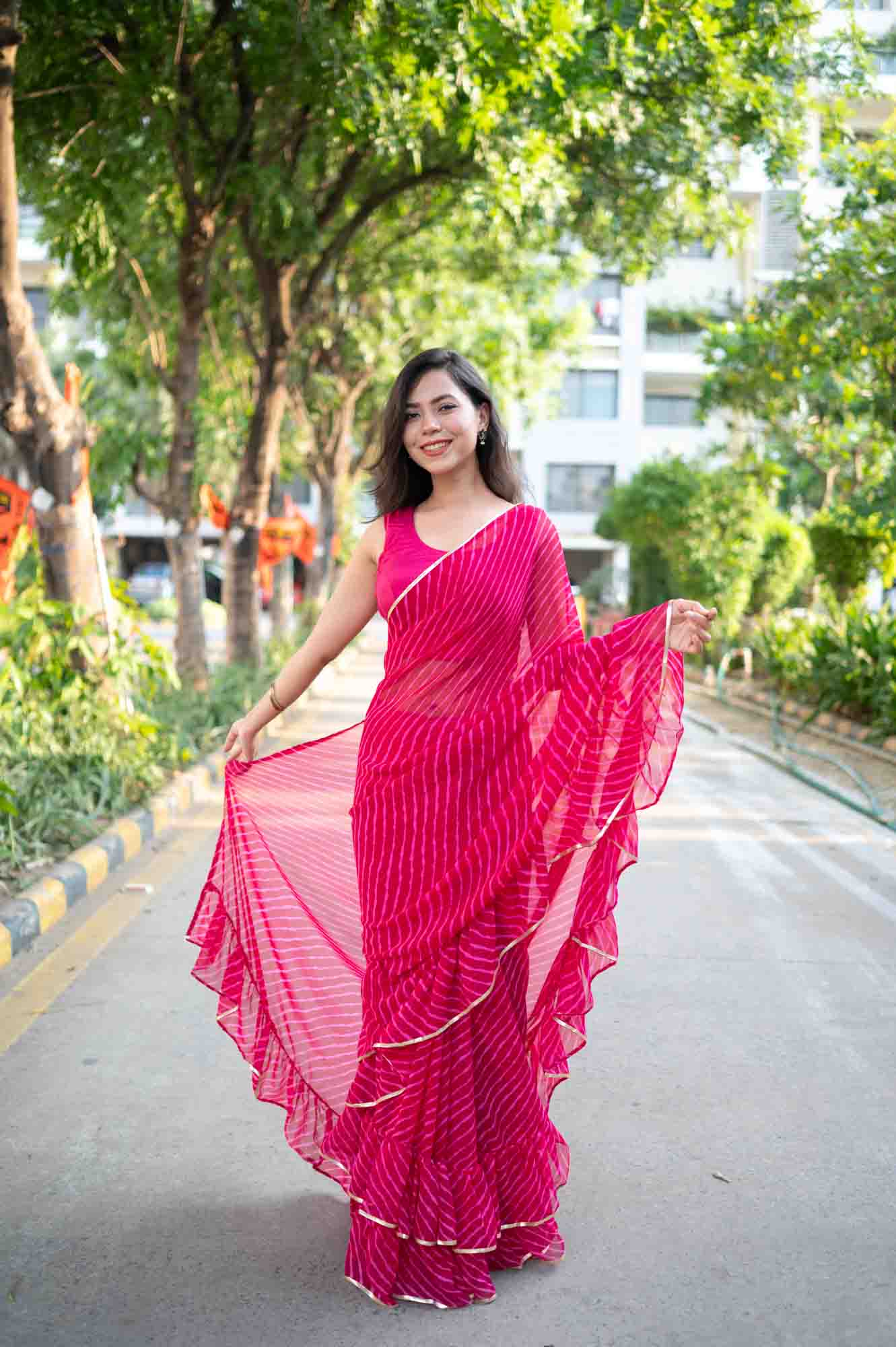 Ready to wear saree Designer Ruffles with lehriya & Gotta Patti On Border Wrap in 1 minute Saree