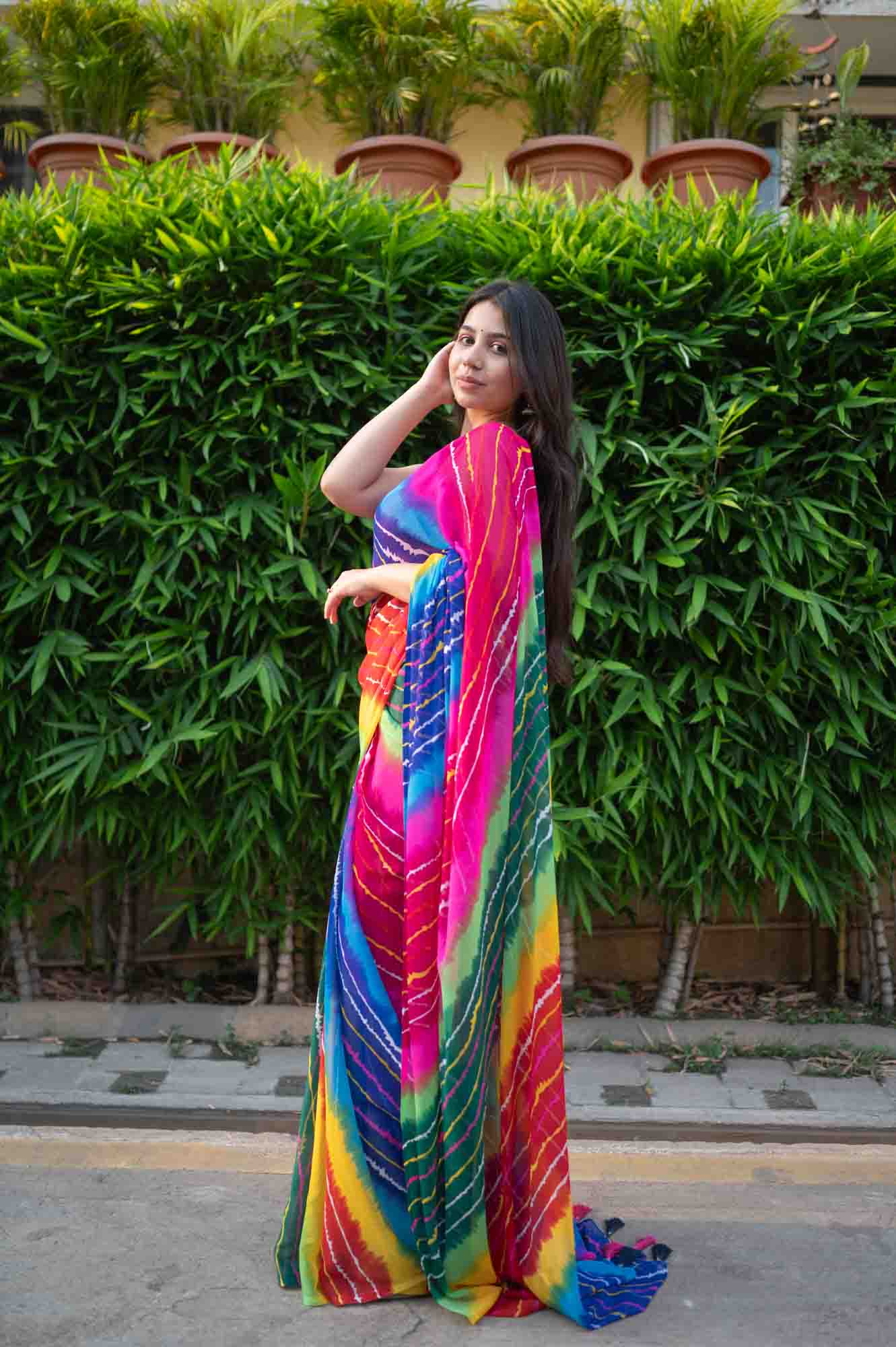 Multicolor Lehriya printed & Soft Chiffon With Tassels on Pallu Wrap in 1 minute saree