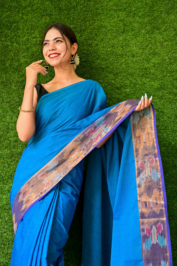 Ready To Wear  Soothing South Cotton With Ikat Woven Border  Wrap in 1 minute saree - Isadora Life