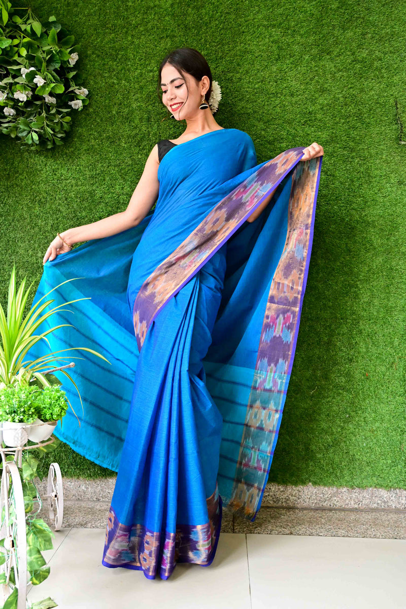 Ready To Wear  Soothing South Cotton With Ikat Woven Border  Wrap in 1 minute saree - Isadora Life