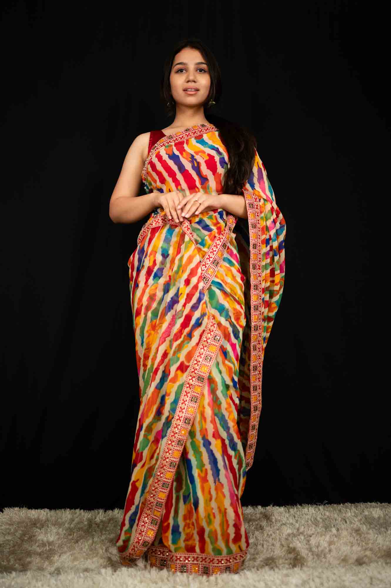 Beautiful Lehriya Soft Georgette With Heavily Zari Embroidered and Stone Embellished  & Tassels on Pallu Wrap in 1 minute saree