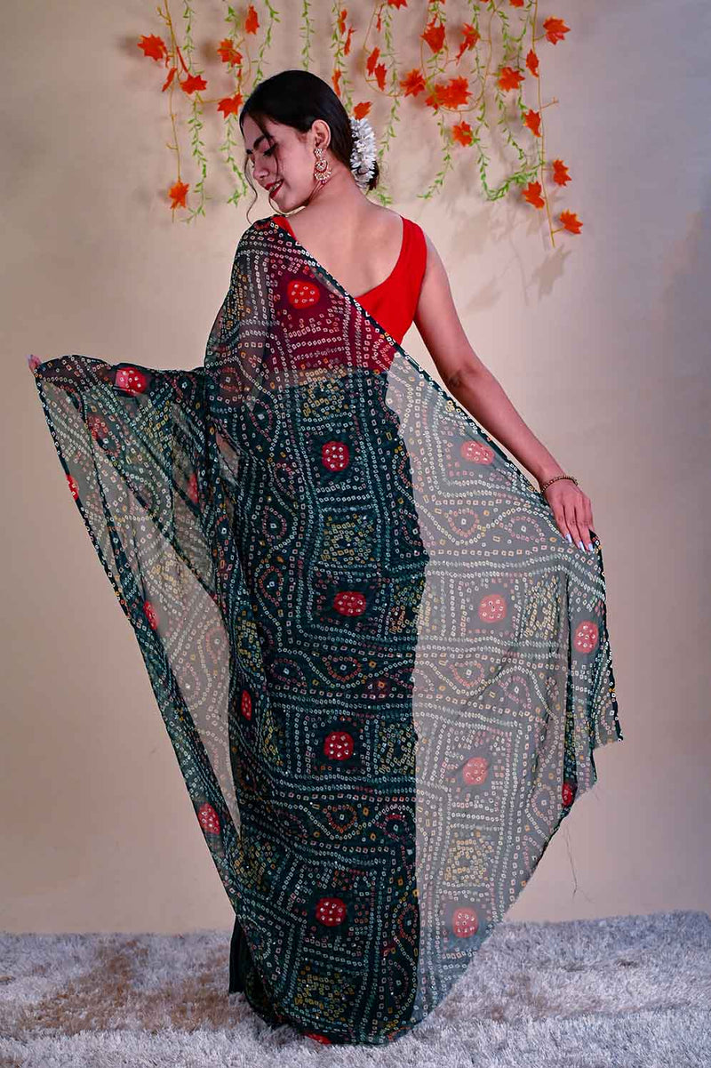 Gorgeous Green Bandhani  and satin half and half designer wrap in 1 minute saree - Isadora Life