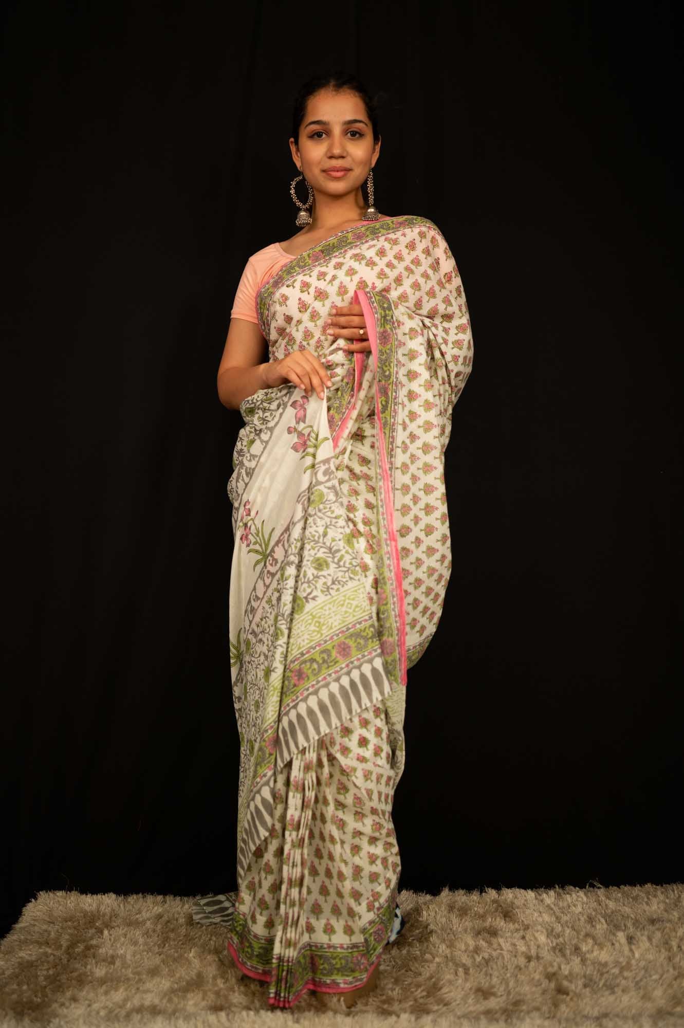 Stitched pleated saree Jaipuri Sanganeri mulmul 1 minute saree