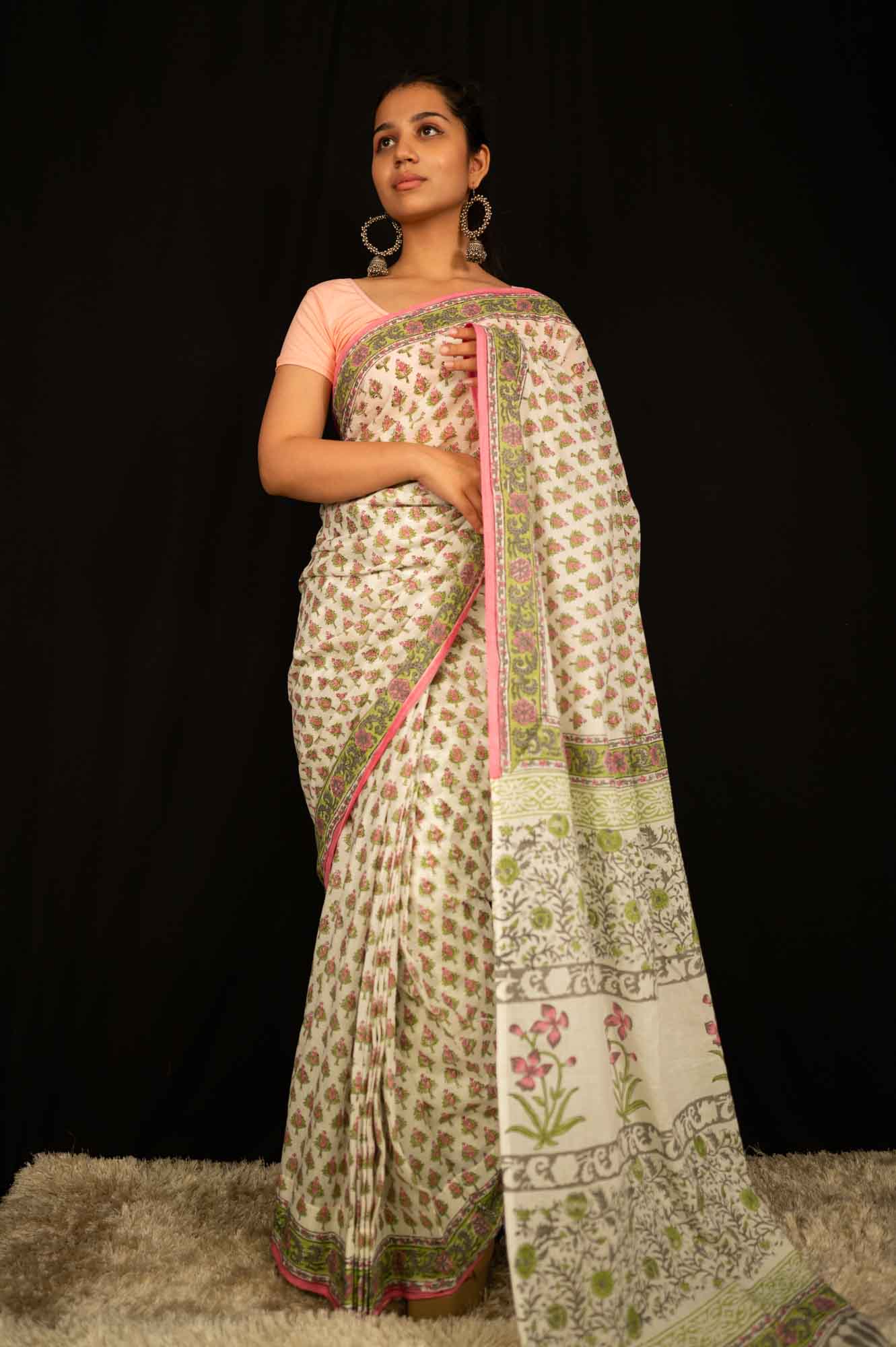 Stitched pleated saree Jaipuri Sanganeri mulmul 1 minute saree