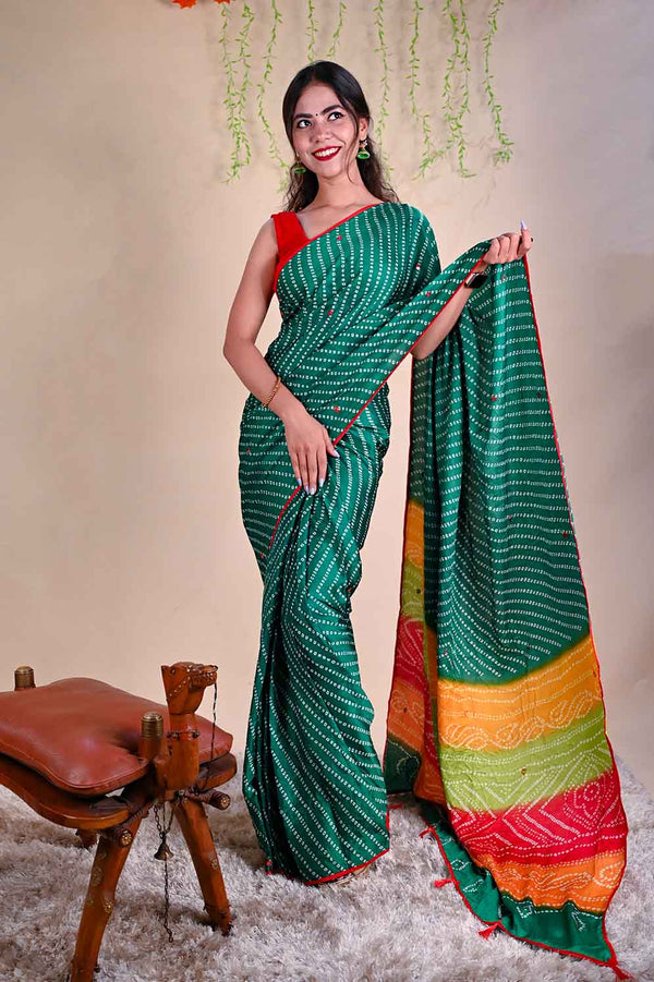 Beautiful Green Bandhej Saree with Multicoloured Pallu  Wrap in 1 minute saree - Isadora Life