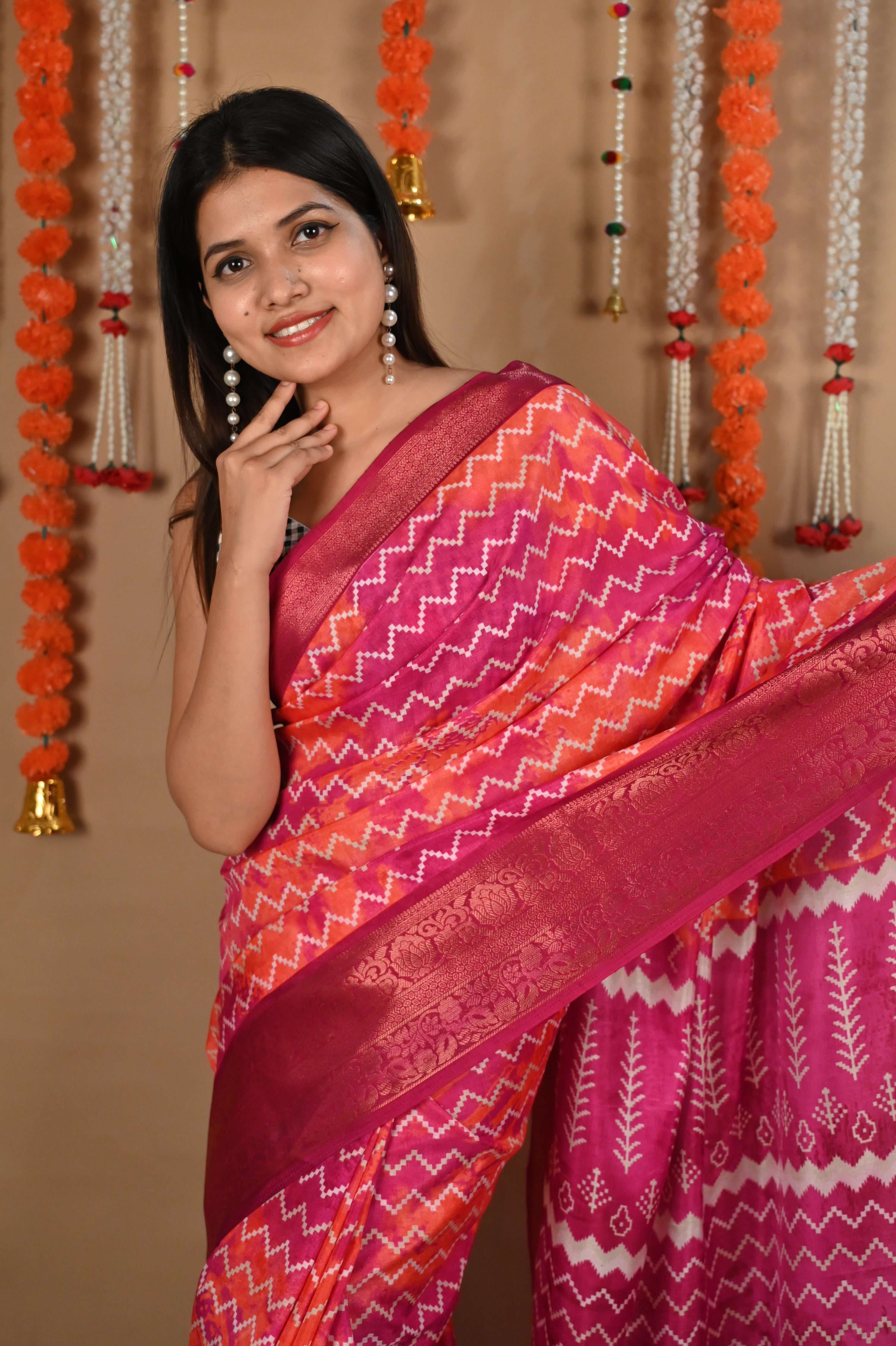 Beautiful Pink Lehriya Printed Over All With Jacquard Border Dola SIlk Wrap In One Minute Saree