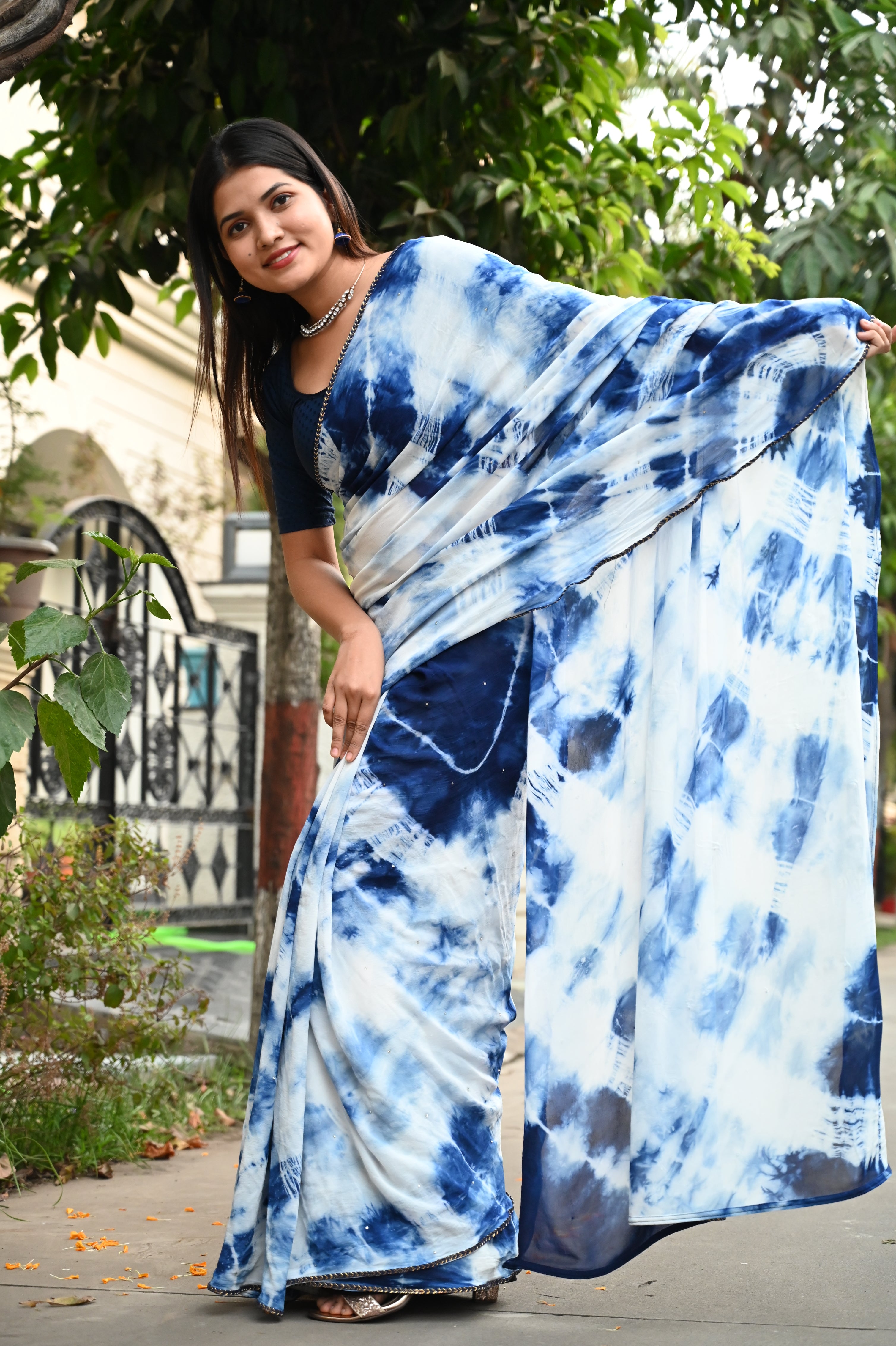 True blue hand dyed vegetable color Shibori Georgette with sequins embellished  Wrap in 1 minute saree