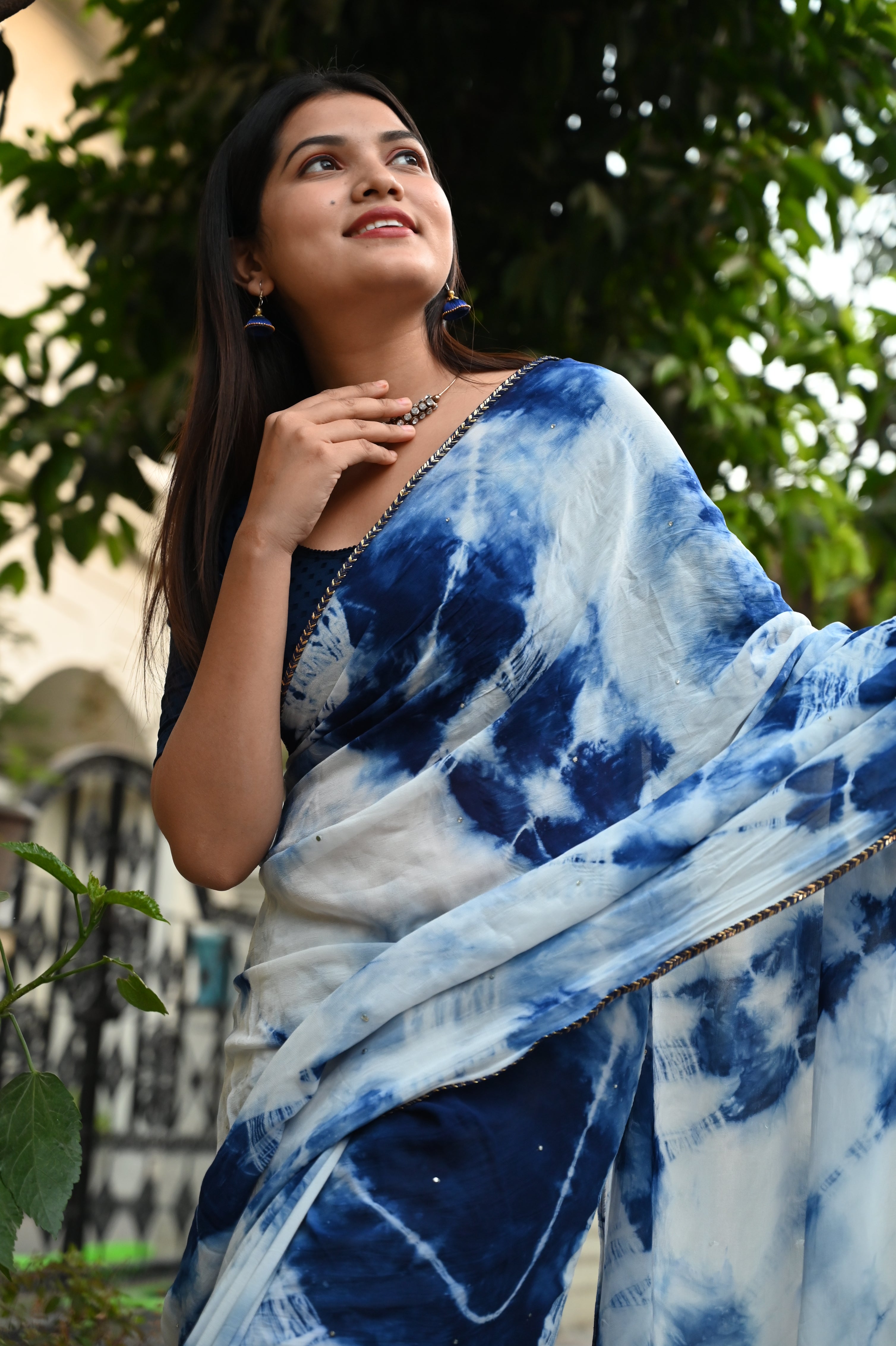 True blue hand dyed vegetable color Shibori Georgette with sequins embellished  Wrap in 1 minute saree
