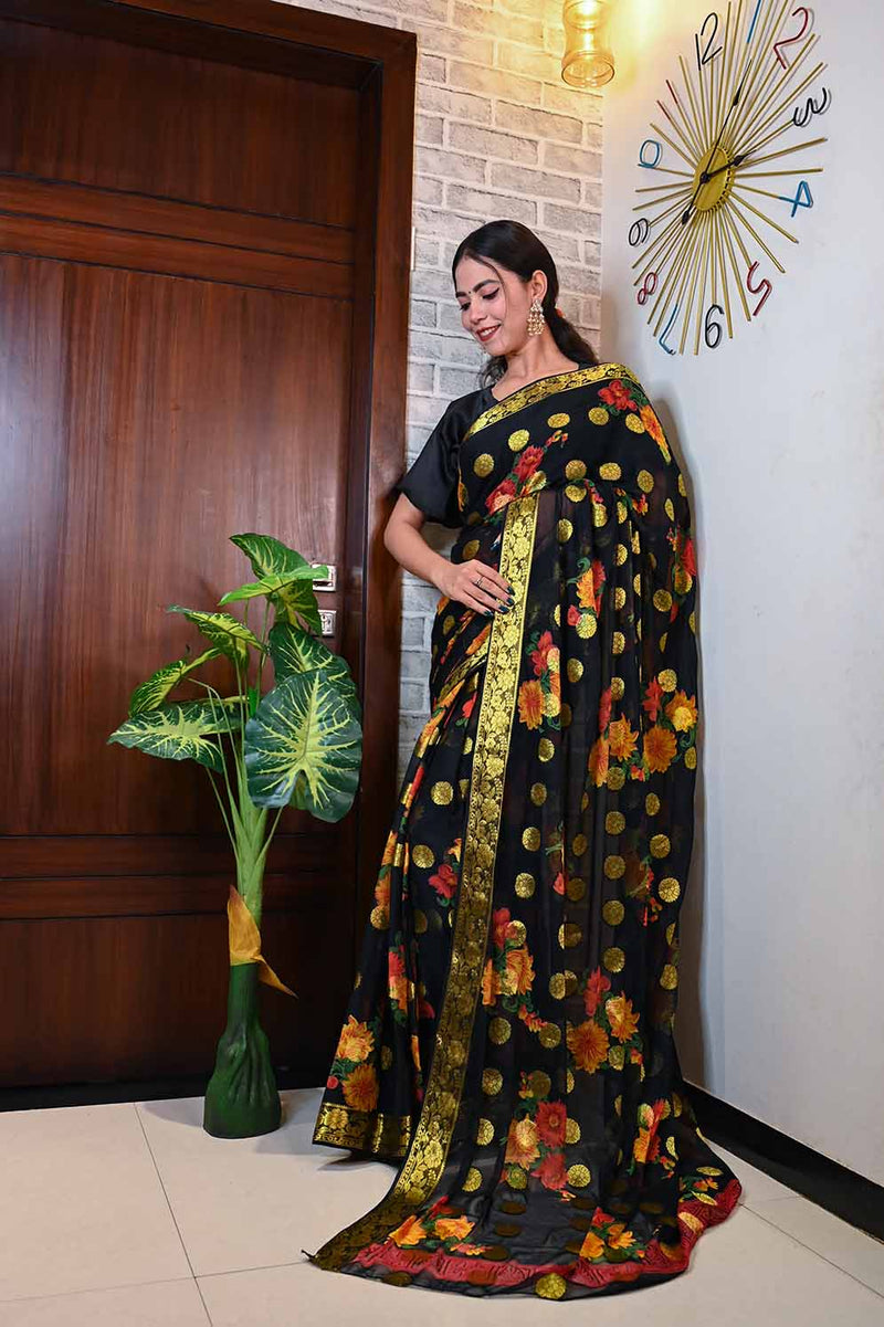 Beautiful Black Floral painted chiffon with Boota all over  one minute ready made saree and readymade blouse - Isadora Life