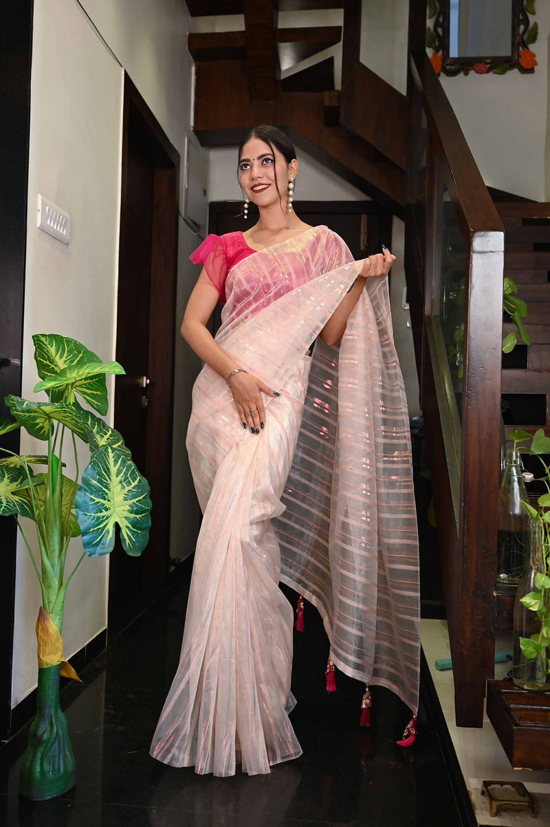 Ready to wear soft organza with zari threads interwoven one minute ready made saree and readymade blouse - Isadora Life