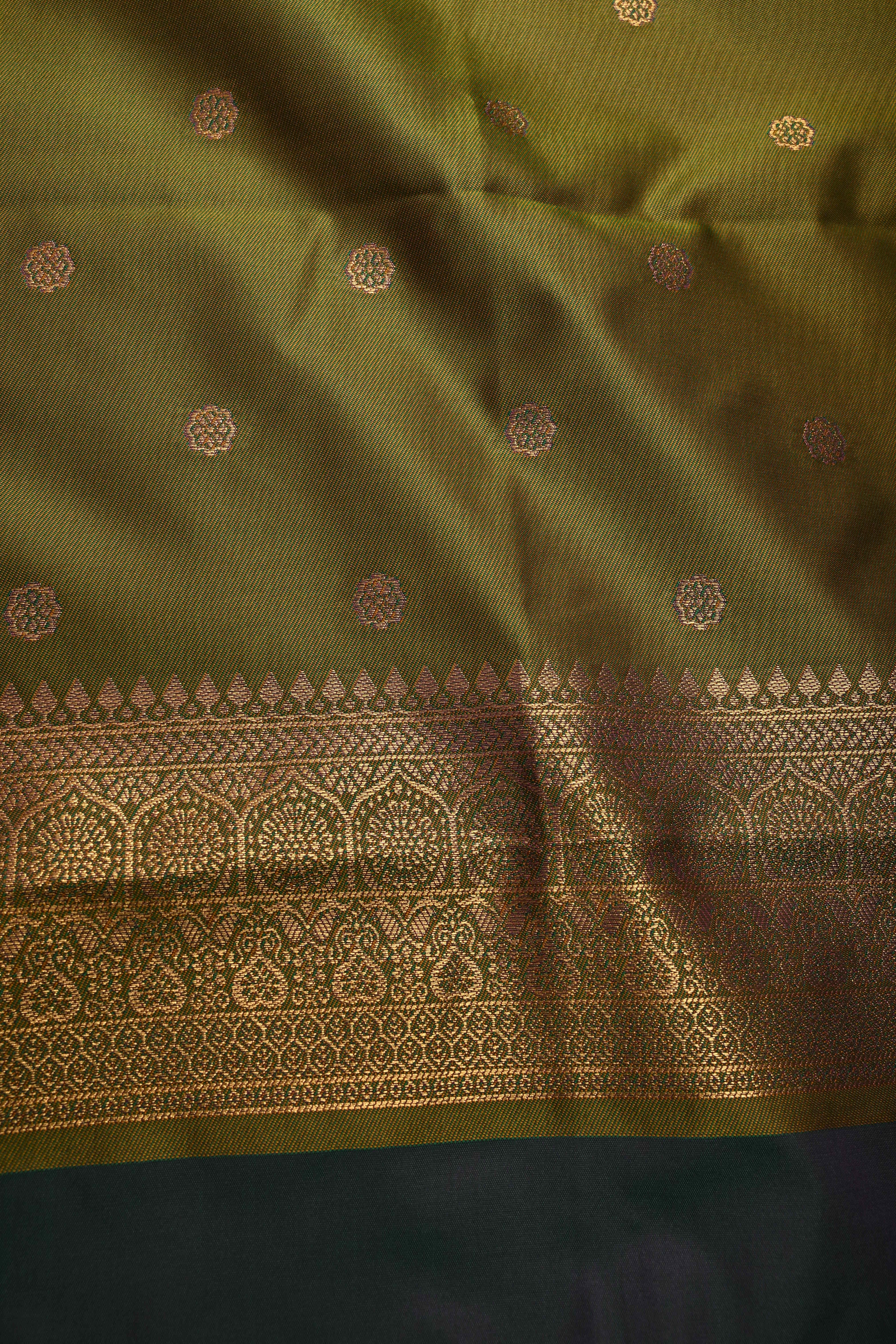 Pink-Green Dual Tone Kanchi Semi Silk Saree with Floral Zari Buttas and Zari Border | SHOBITAM
