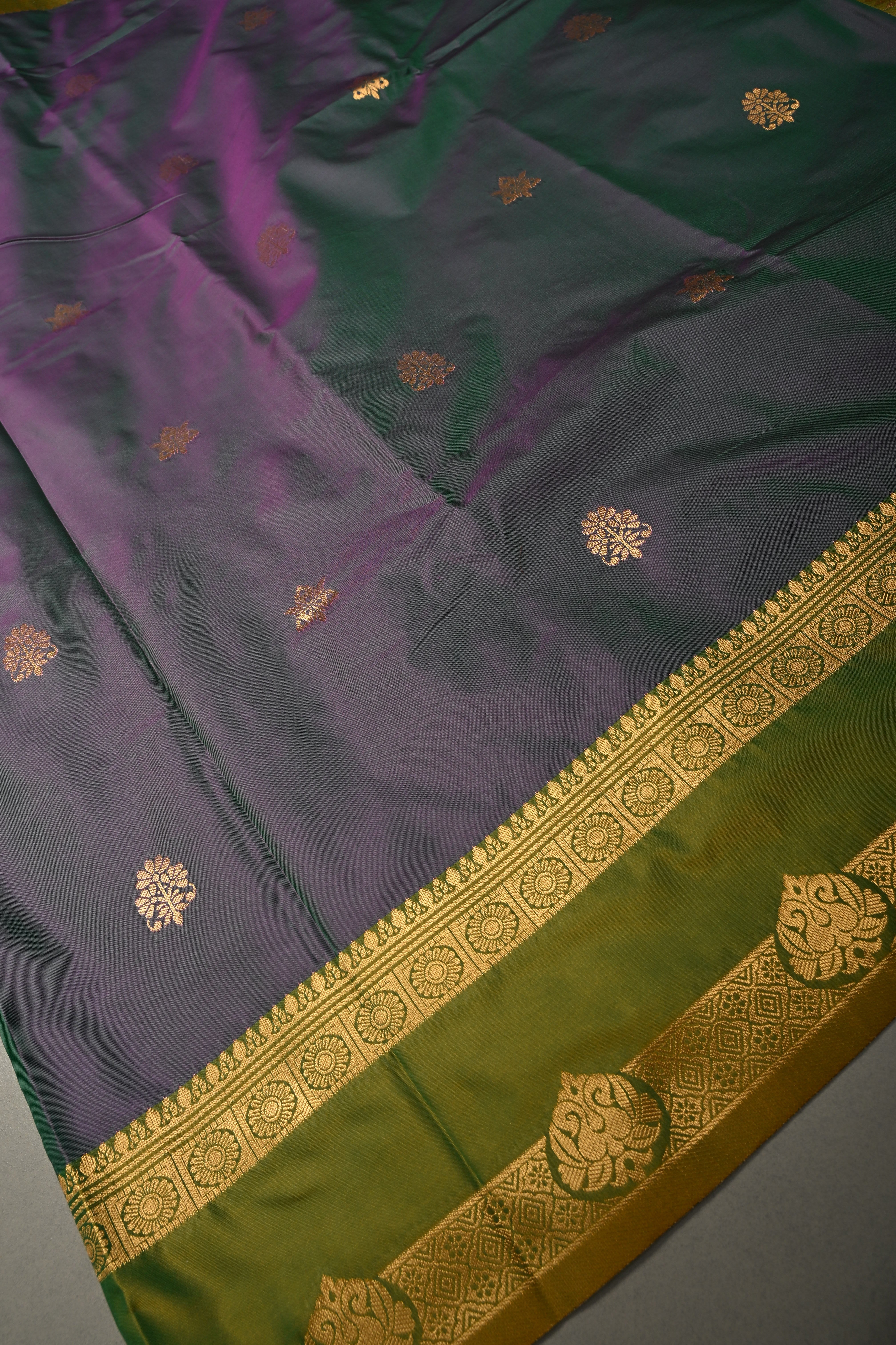 Pink-Green Dual Tone Kanchi Semi Silk Saree with Floral Zari Buttas and Zari Border | SHOBITAM