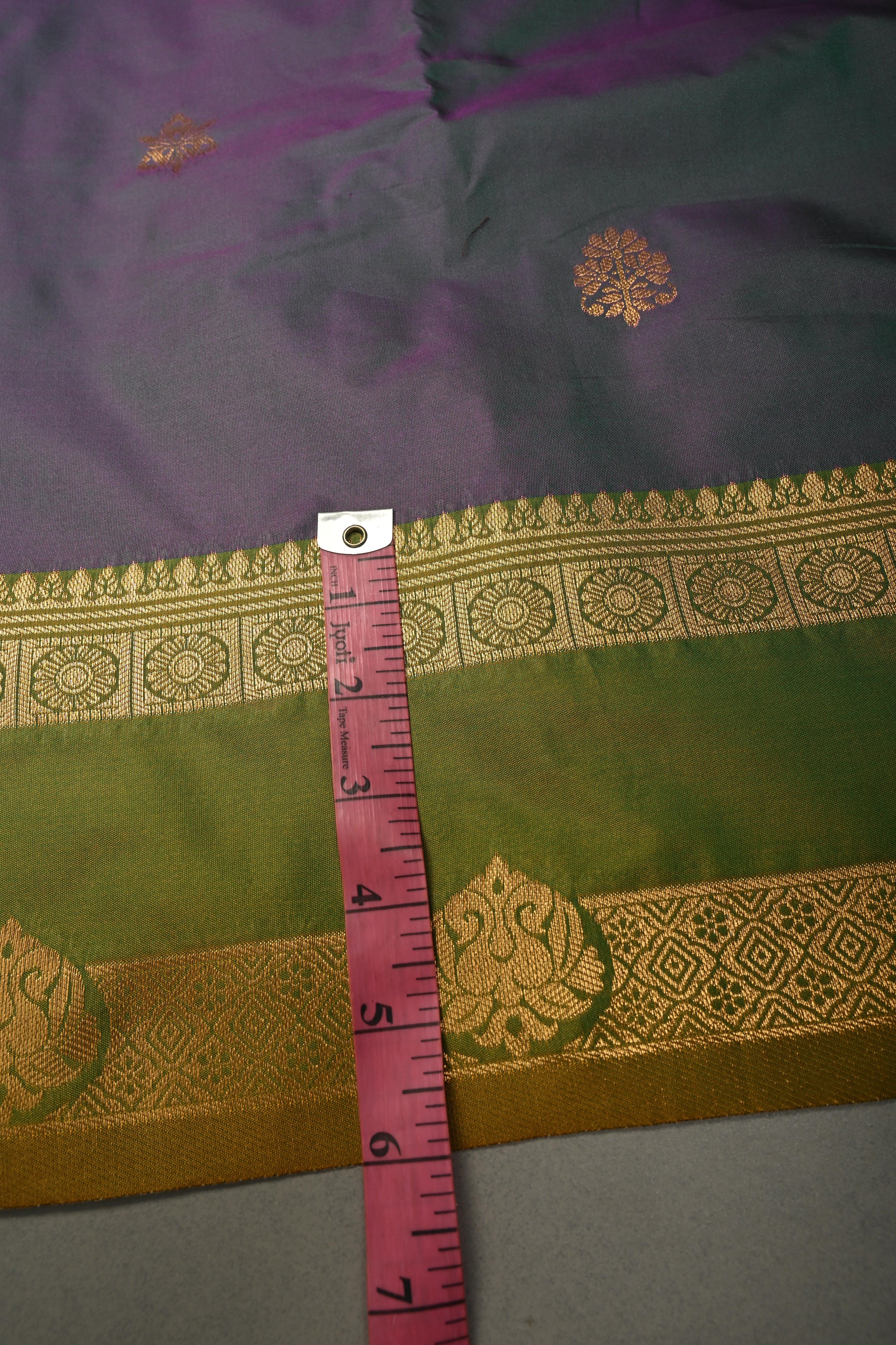 Pink-Green Dual Tone Kanchi Semi Silk Saree with Floral Zari Buttas and Zari Border | SHOBITAM