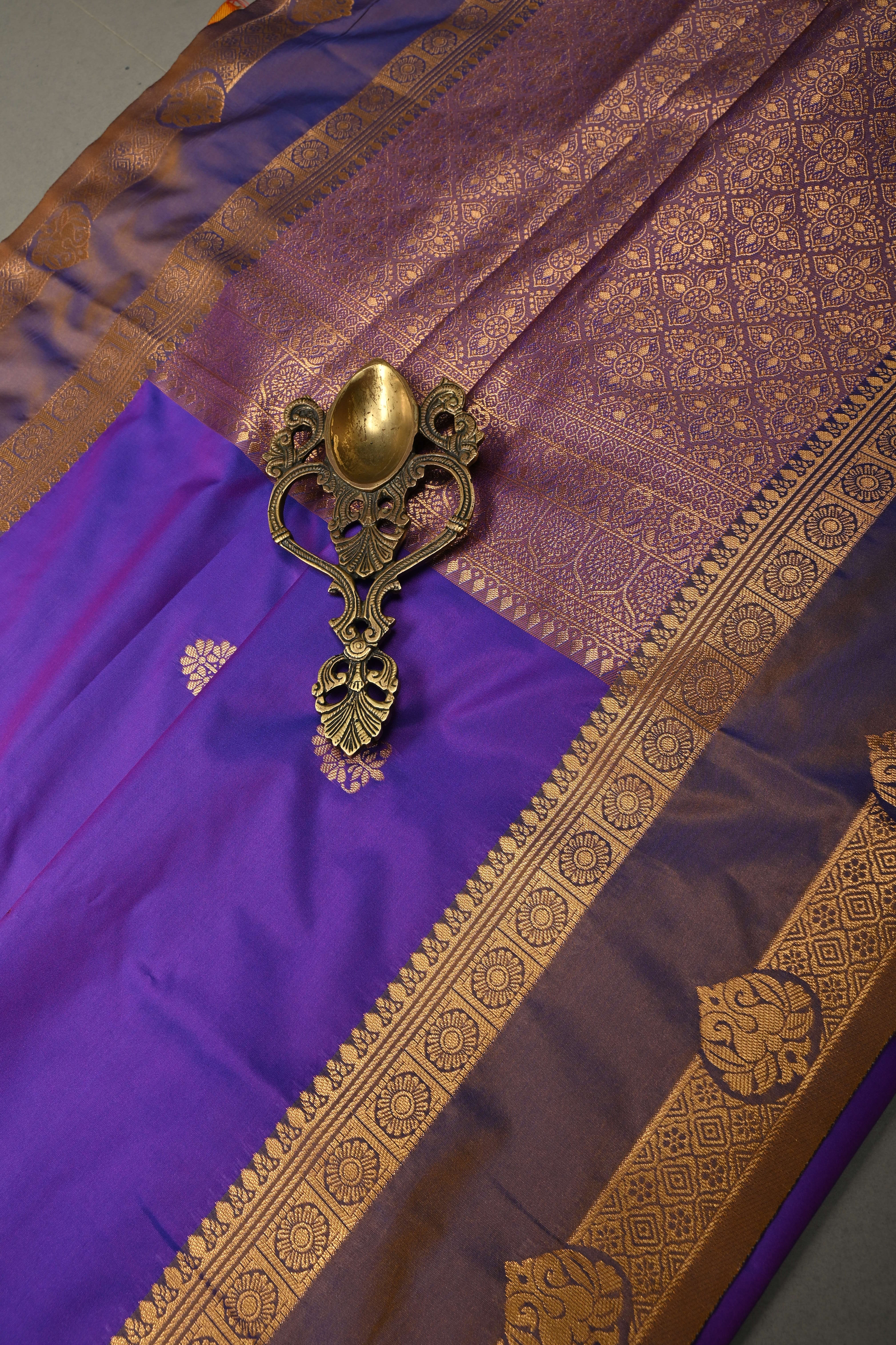 Purple Dual tone Kanchi Semi Silk Saree with Zari Buttas and Rettaipet Zari Border | SHOBITAM