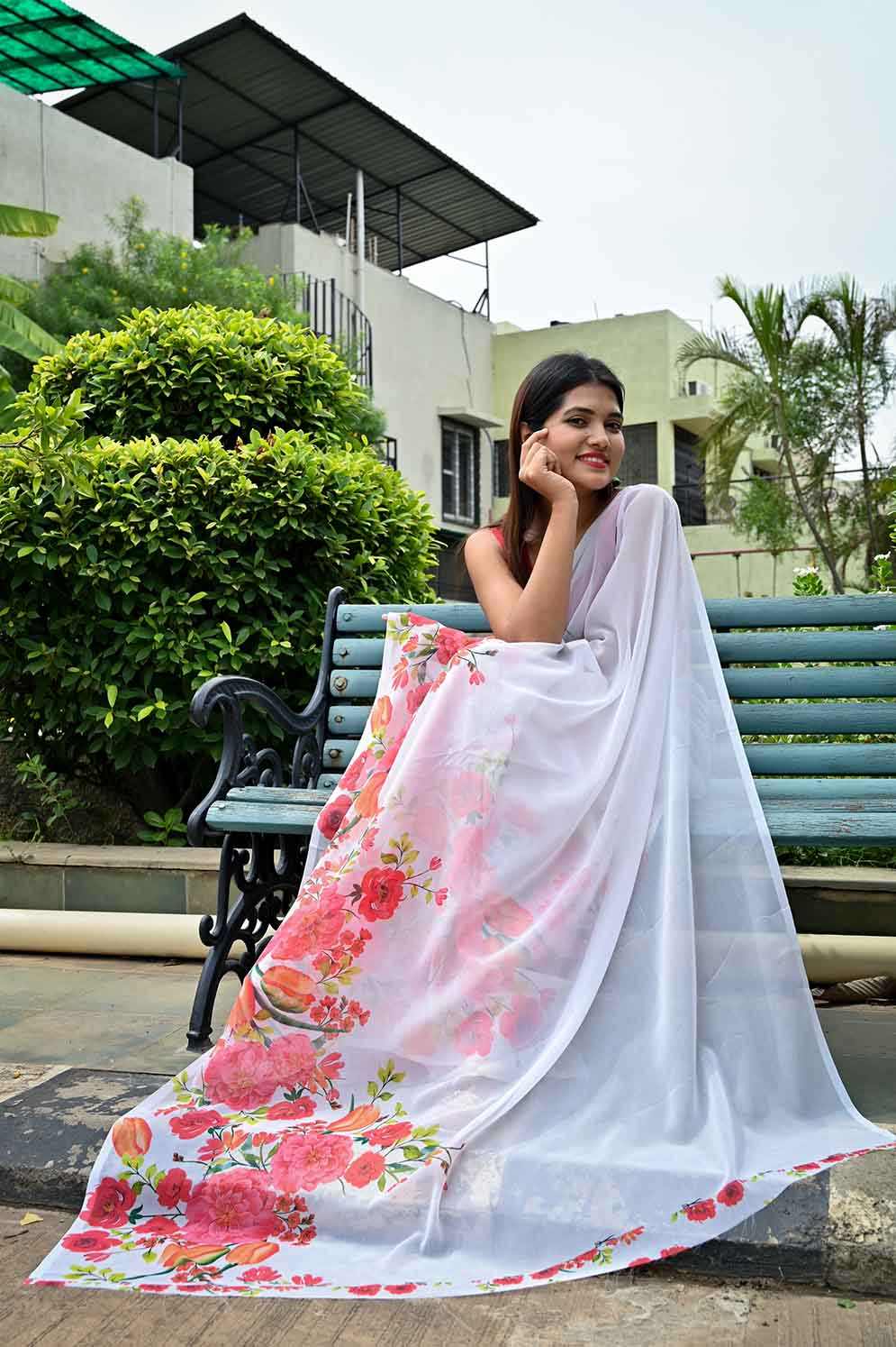 Gorgeous White Georgette Floral  printed Cotton one minute ready made saree and readymade blouse - Isadora Life