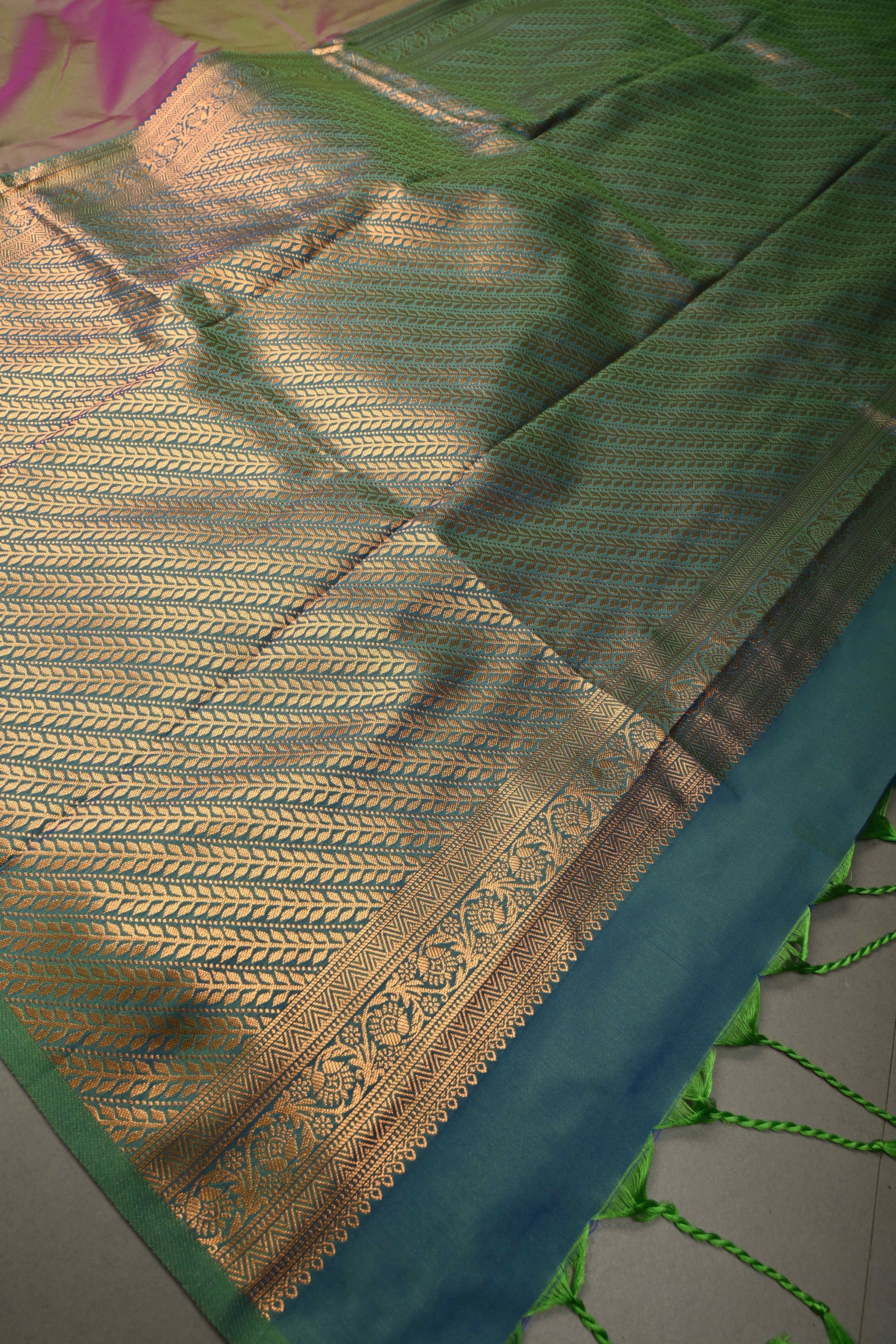 Pink-Green Kanchi Semi Silk Saree with Floral Zari Buttas and Gold-Silver Motifs on Border | Shobitam