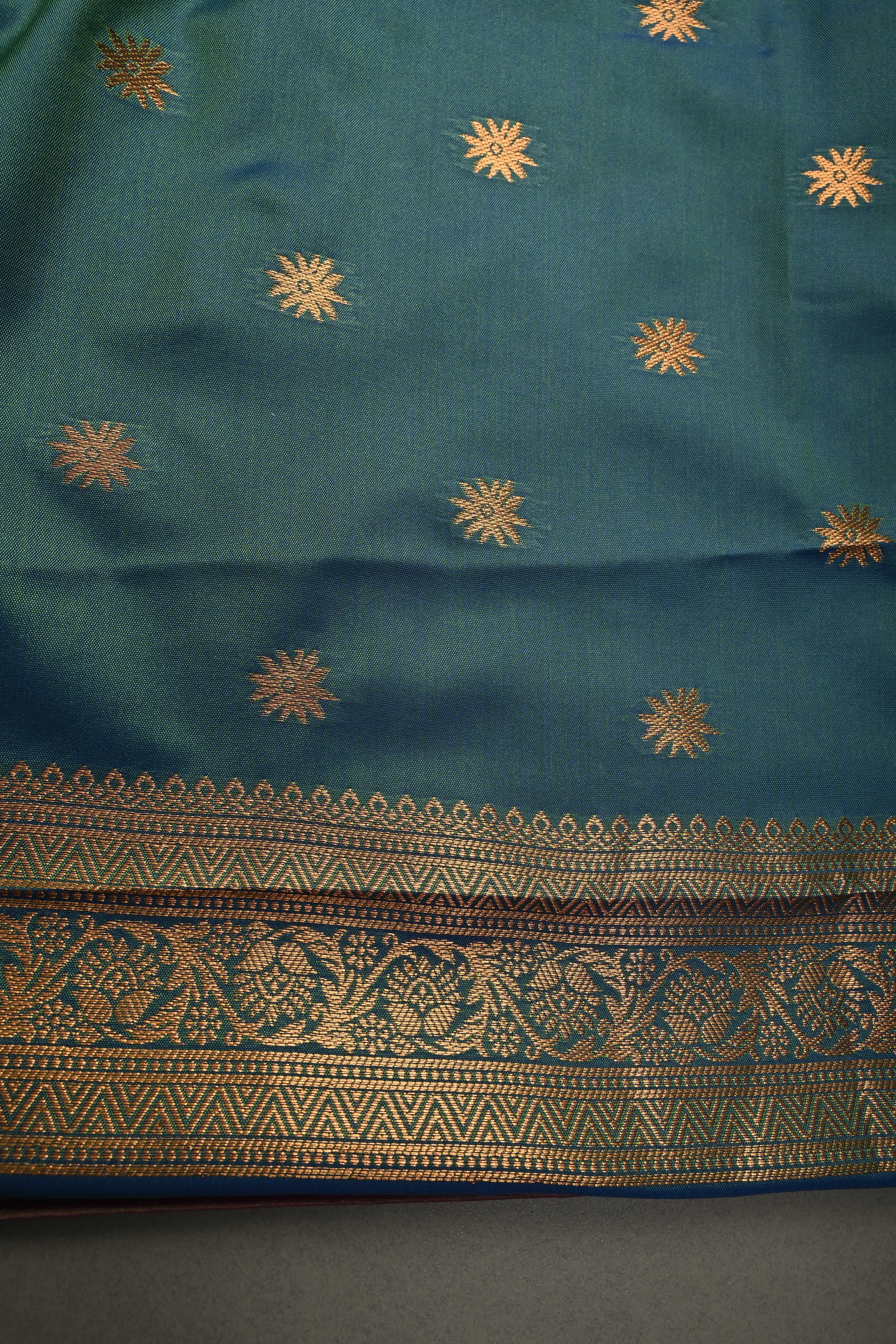 Pink-Green Kanchi Semi Silk Saree with Floral Zari Buttas and Gold-Silver Motifs on Border | Shobitam