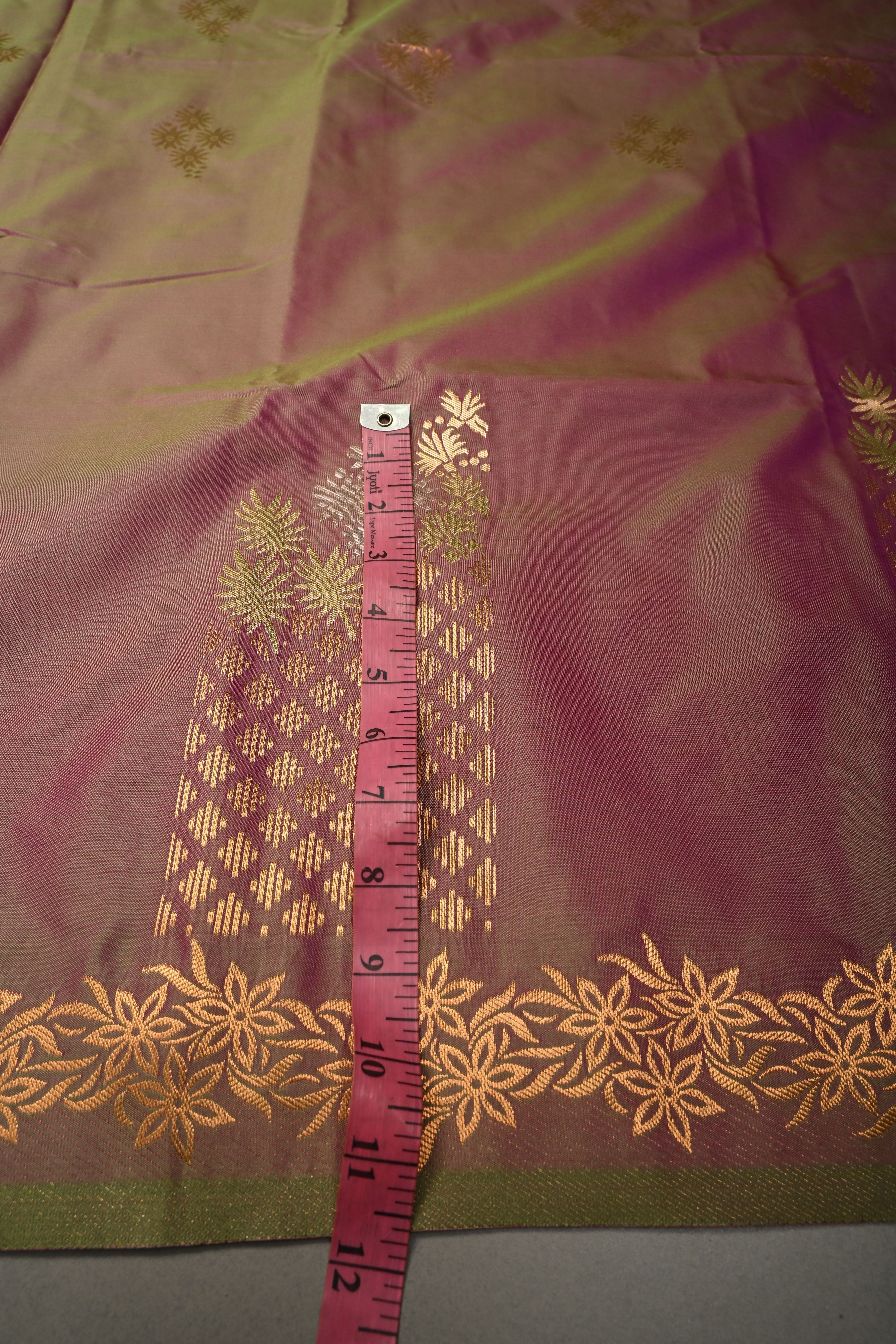 Pink-Green Kanchi Semi Silk Saree with Floral Zari Buttas and Gold-Silver Motifs on Border | Shobitam