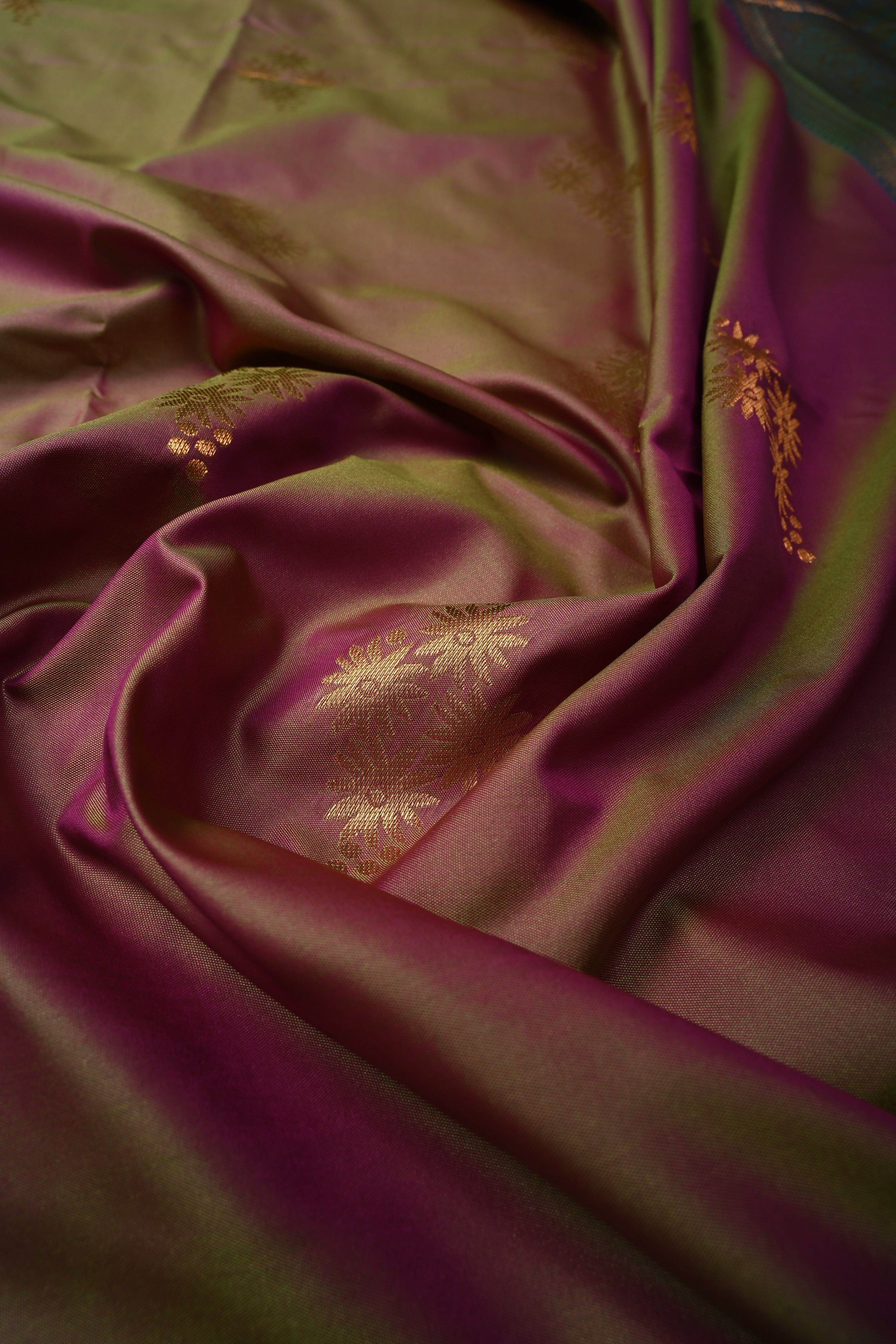 Pink-Green Kanchi Semi Silk Saree with Floral Zari Buttas and Gold-Silver Motifs on Border | Shobitam